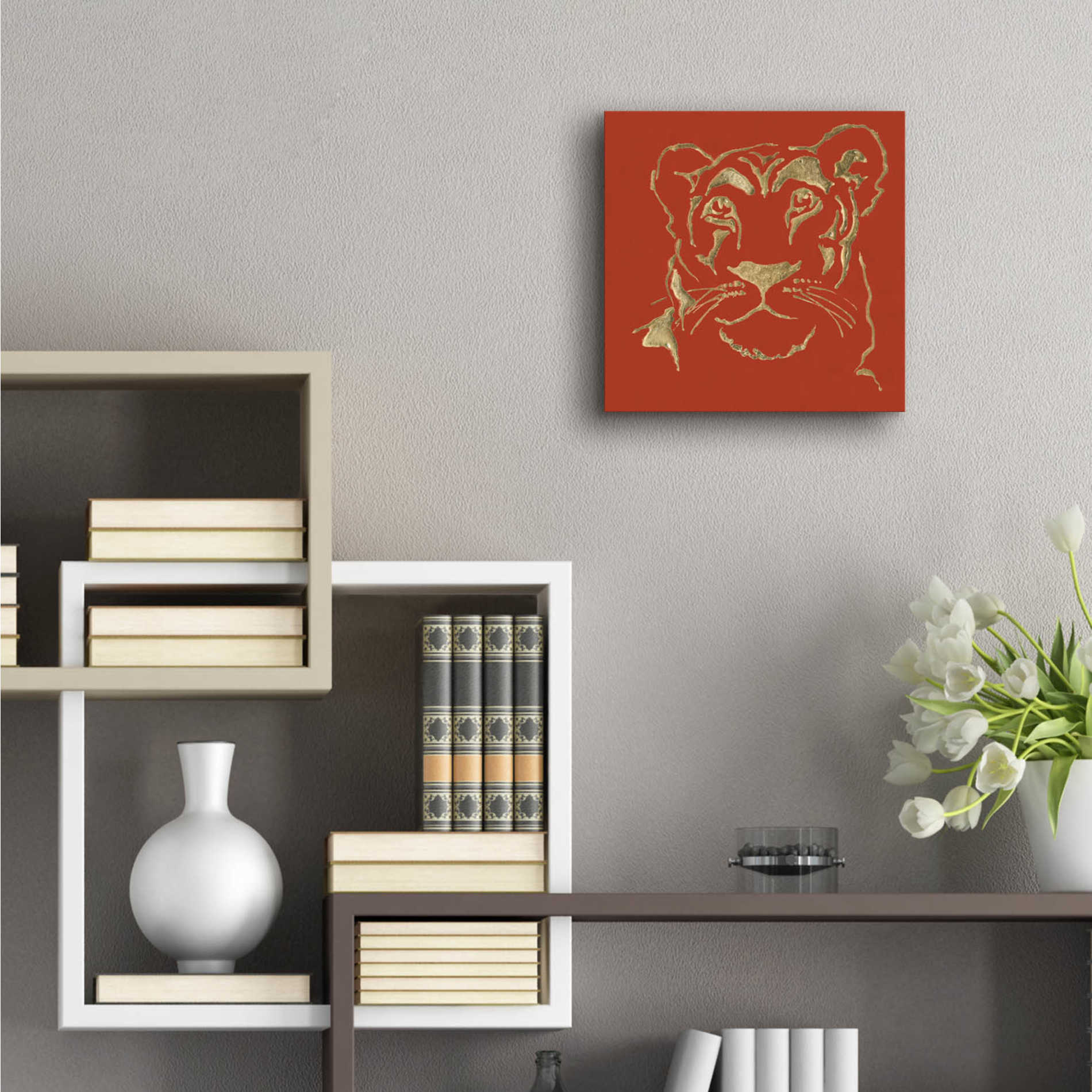 Epic Art 'Gilded Lioness on Red Pillow' by Chris Paschke, Acrylic Glass Wall Art,12x12