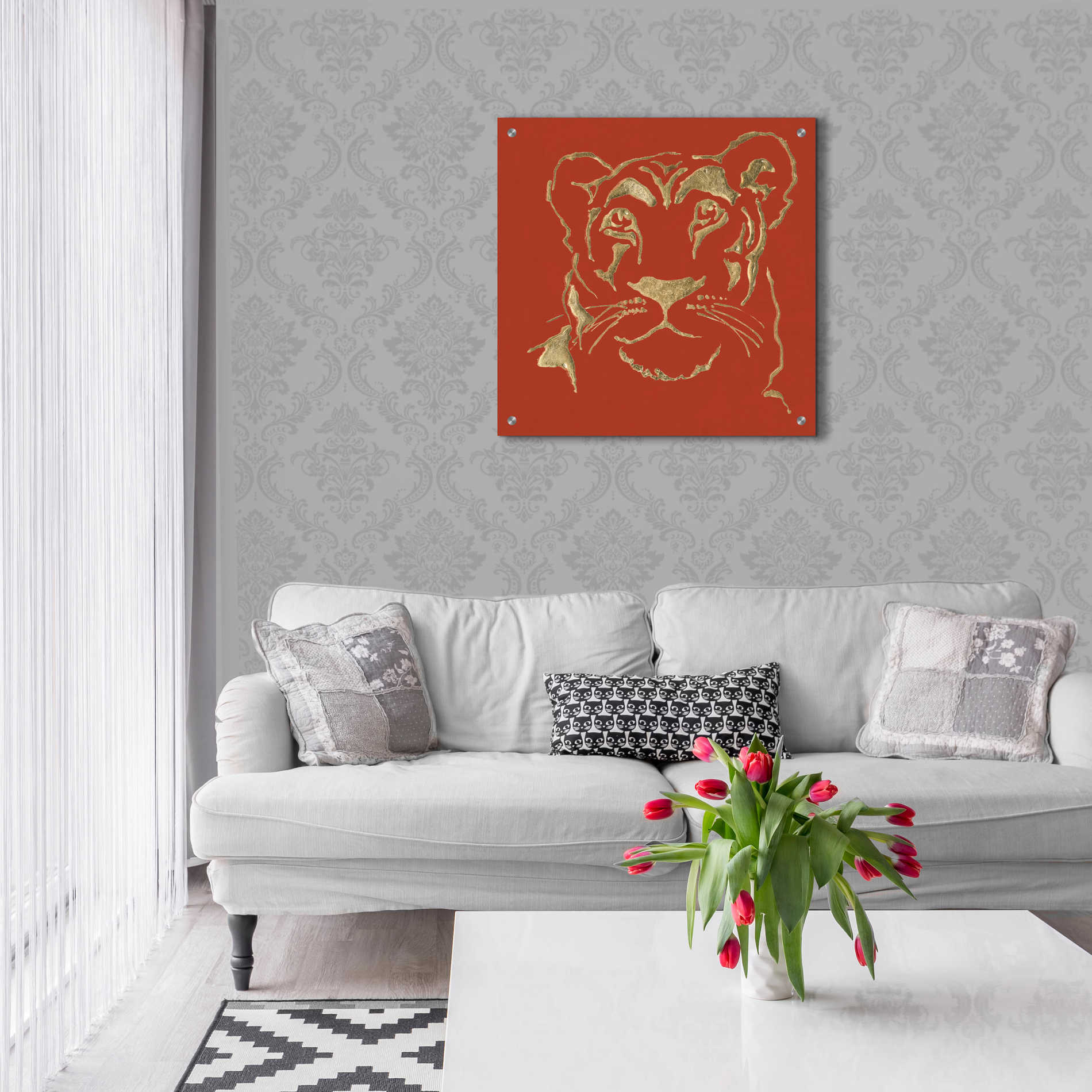 Epic Art 'Gilded Lioness on Red Pillow' by Chris Paschke, Acrylic Glass Wall Art,24x24