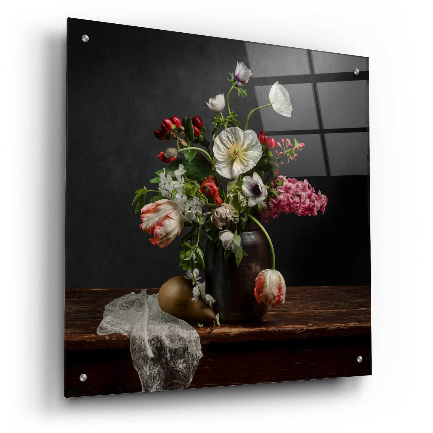 Epic Art 'Pear And Parrot Tulip Still Life' by Leah McLean Acrylic Glass Wall Art,24x24