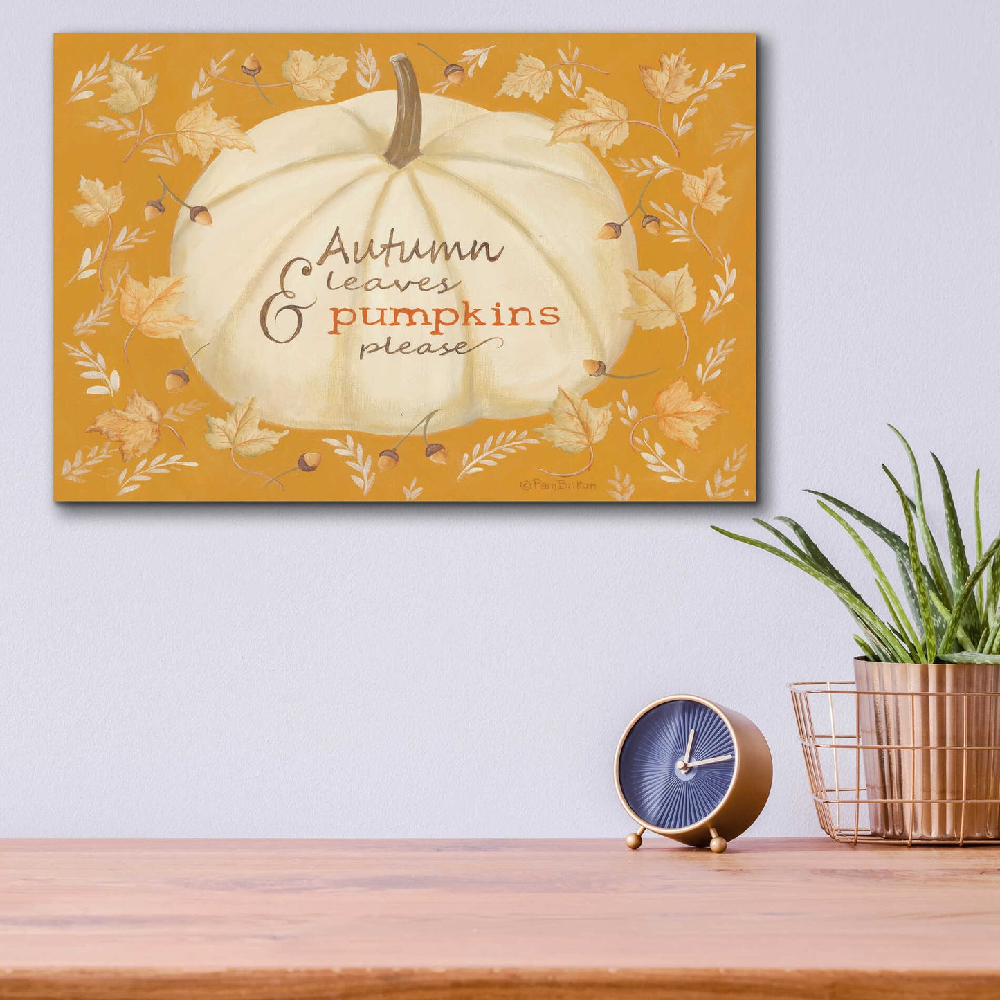 Epic Art 'Autumn Leaves & Pumpkin' by Pam Britton , Acrylic Glass Wall Art,16x12