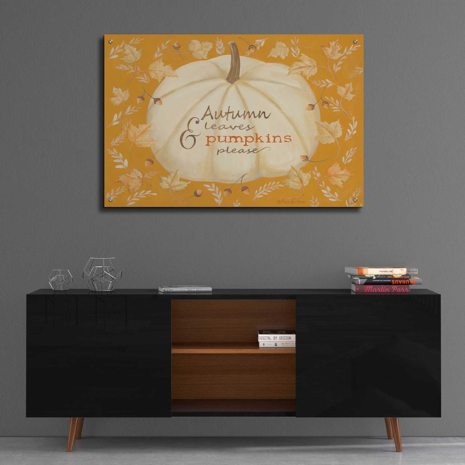 Epic Art 'Autumn Leaves & Pumpkin' by Pam Britton , Acrylic Glass Wall Art,36x24