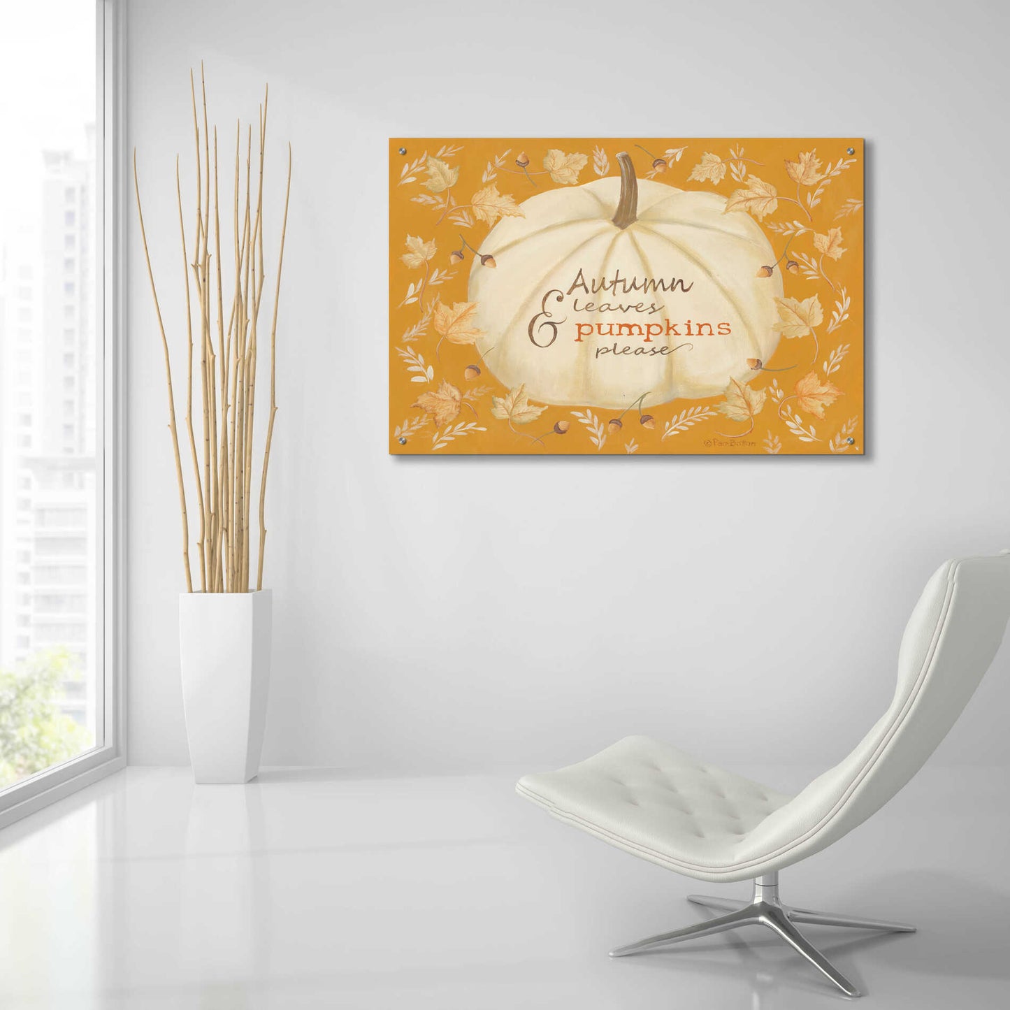 Epic Art 'Autumn Leaves & Pumpkin' by Pam Britton , Acrylic Glass Wall Art,36x24
