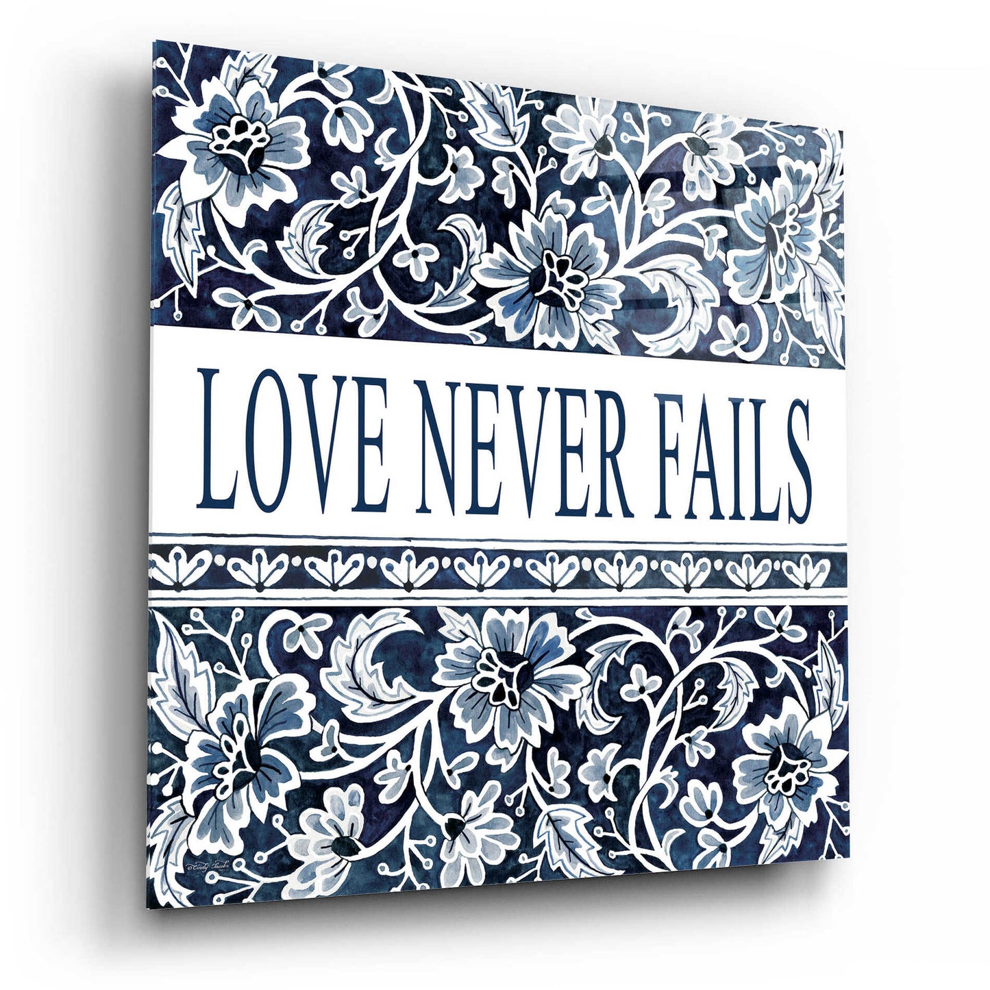 Epic Art 'Love Never Fails Navy' by Cindy Jacobs, Acrylic Glass Wall Art,12x12