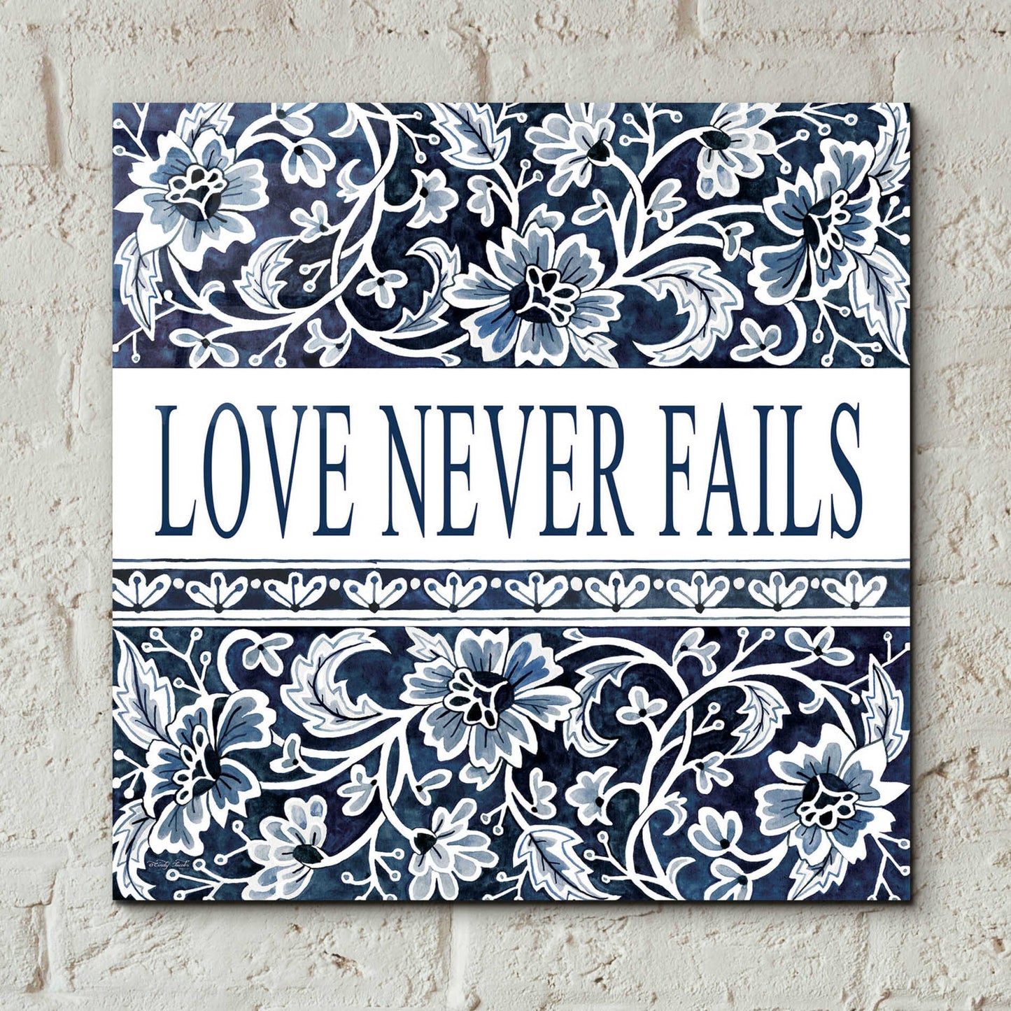 Epic Art 'Love Never Fails Navy' by Cindy Jacobs, Acrylic Glass Wall Art,12x12