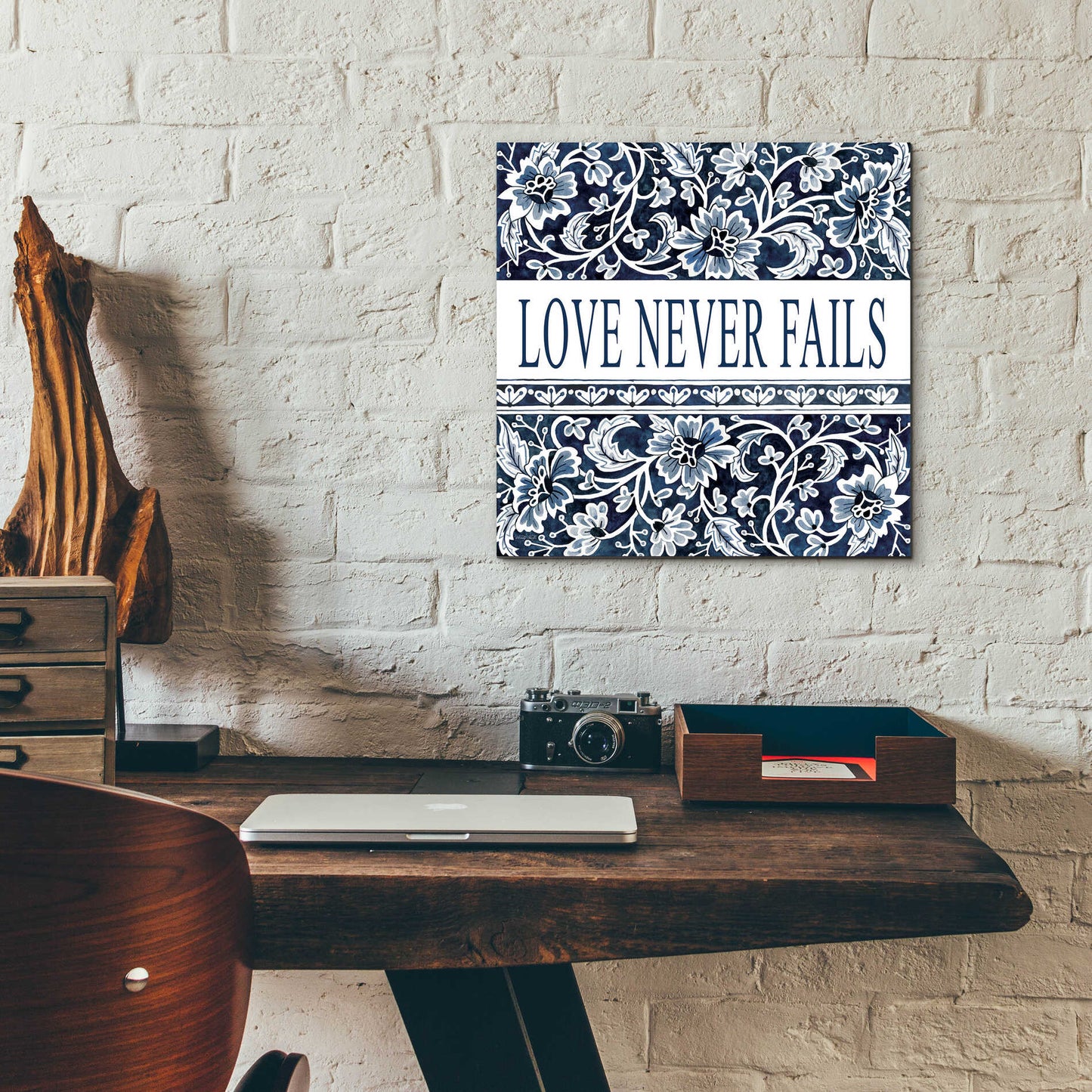 Epic Art 'Love Never Fails Navy' by Cindy Jacobs, Acrylic Glass Wall Art,12x12