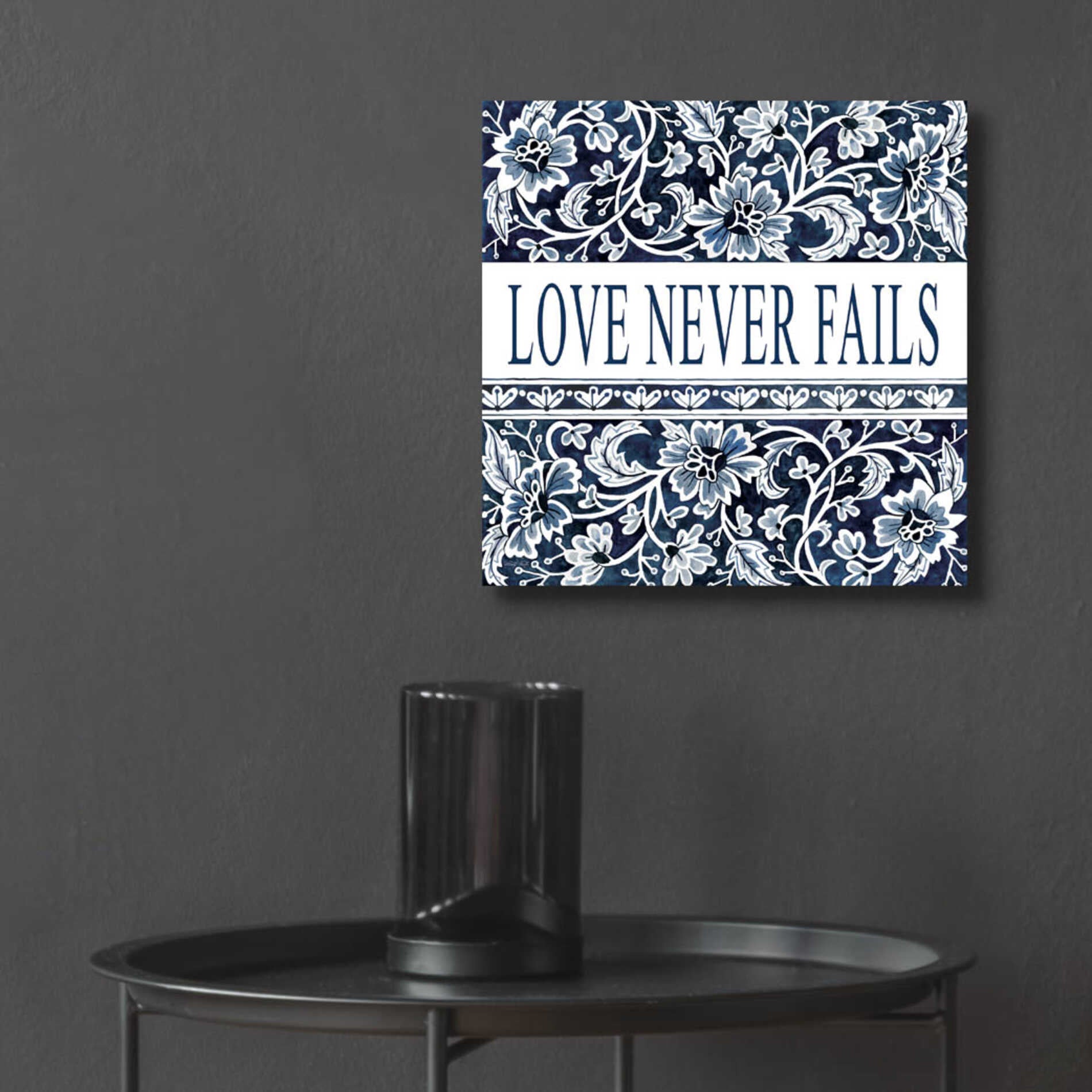 Epic Art 'Love Never Fails Navy' by Cindy Jacobs, Acrylic Glass Wall Art,12x12