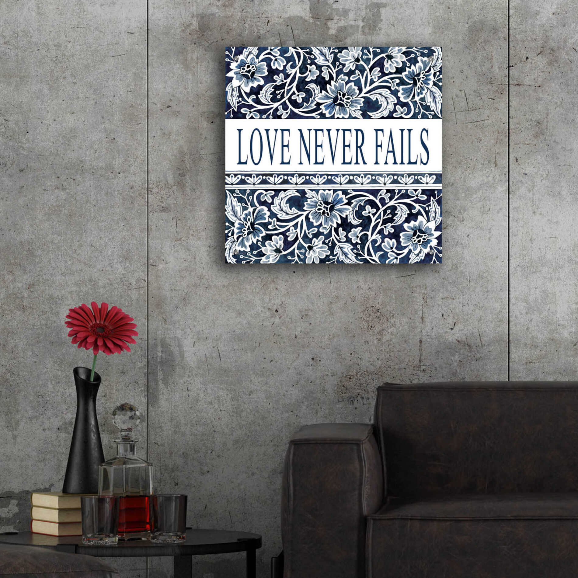 Epic Art 'Love Never Fails Navy' by Cindy Jacobs, Acrylic Glass Wall Art,24x24