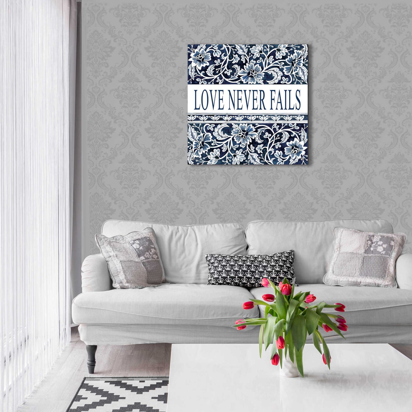 Epic Art 'Love Never Fails Navy' by Cindy Jacobs, Acrylic Glass Wall Art,24x24