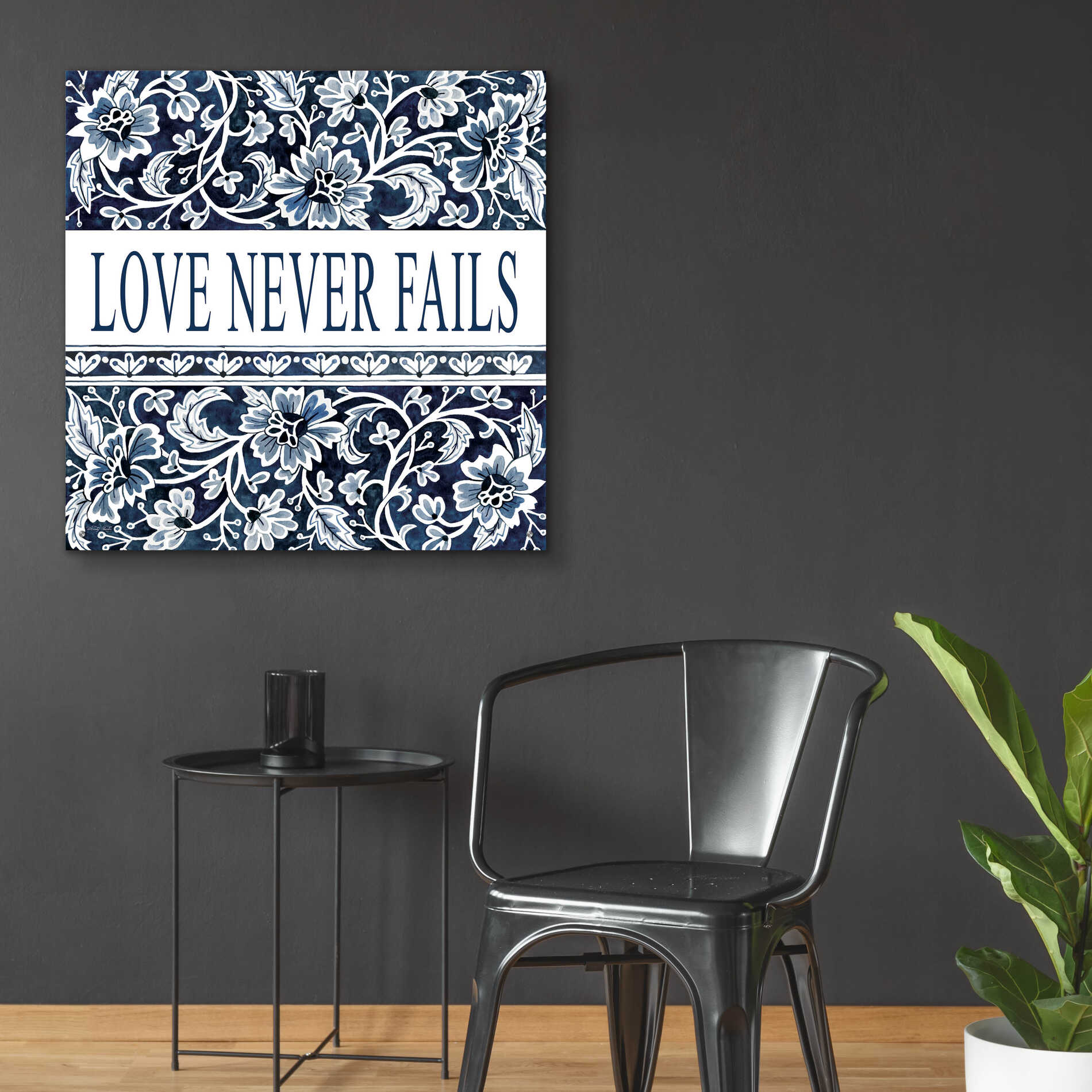 Epic Art 'Love Never Fails Navy' by Cindy Jacobs, Acrylic Glass Wall Art,36x36