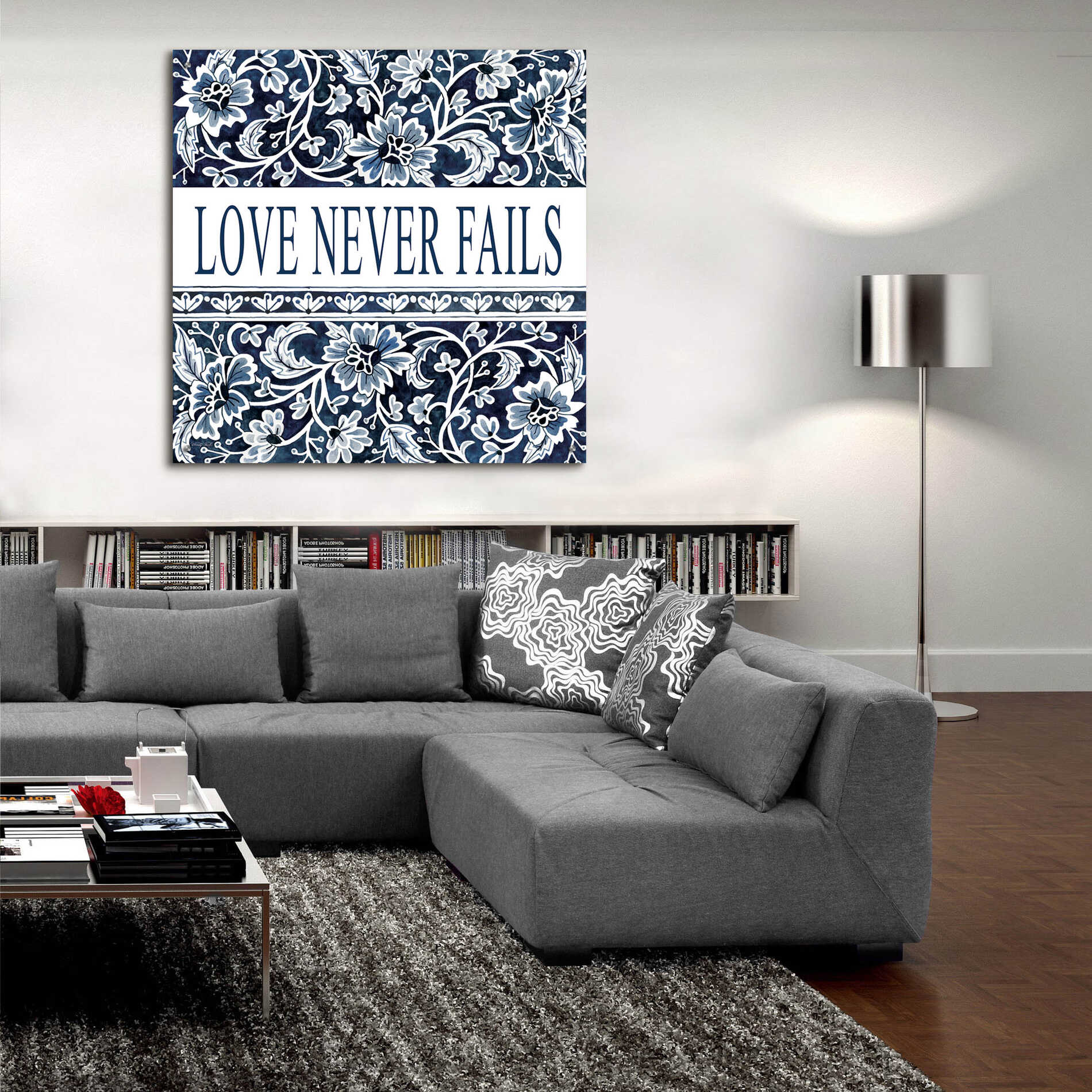 Epic Art 'Love Never Fails Navy' by Cindy Jacobs, Acrylic Glass Wall Art,36x36