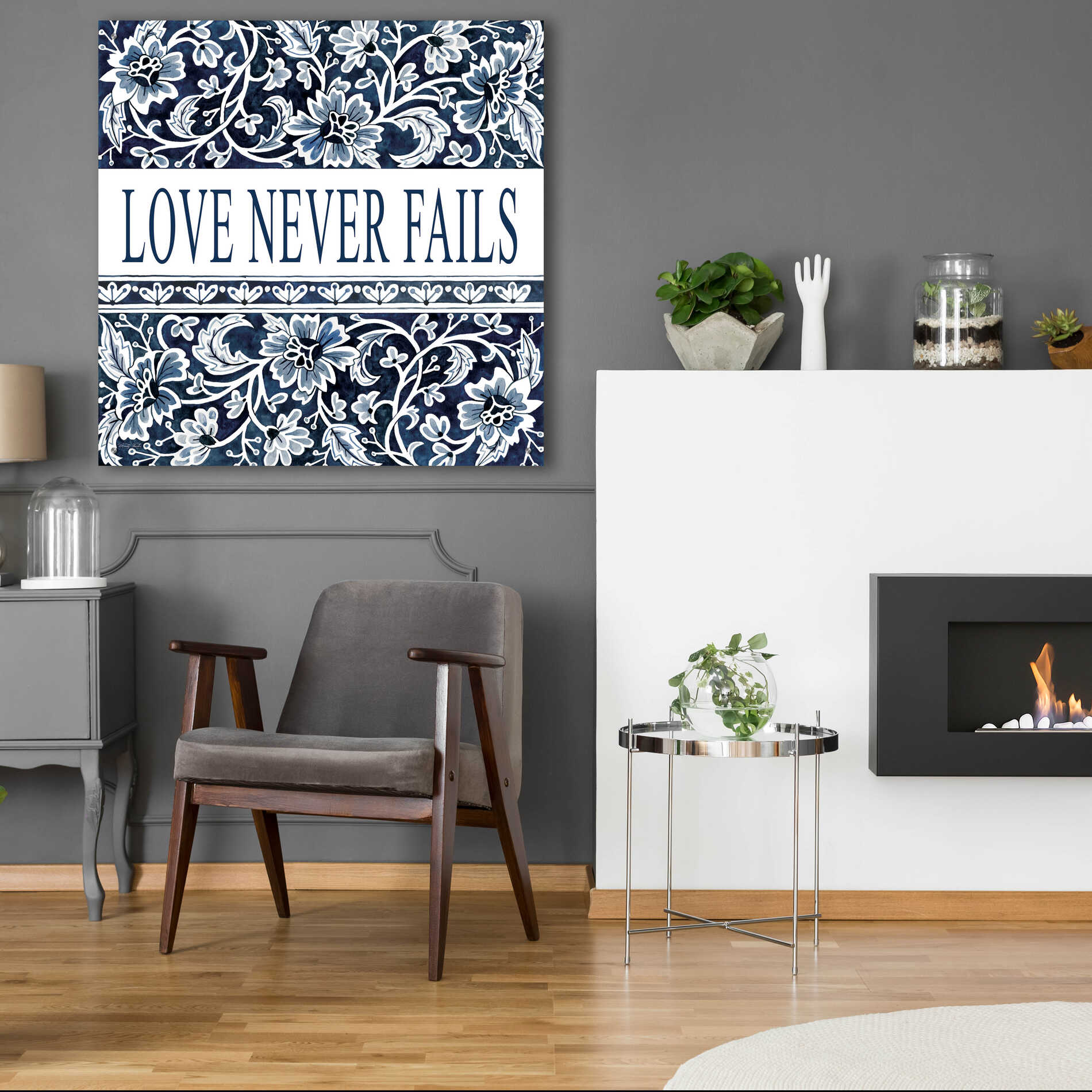 Epic Art 'Love Never Fails Navy' by Cindy Jacobs, Acrylic Glass Wall Art,36x36