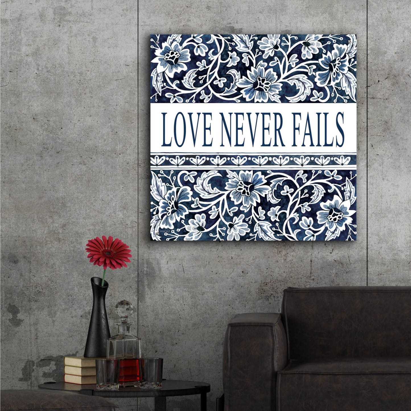 Epic Art 'Love Never Fails Navy' by Cindy Jacobs, Acrylic Glass Wall Art,36x36