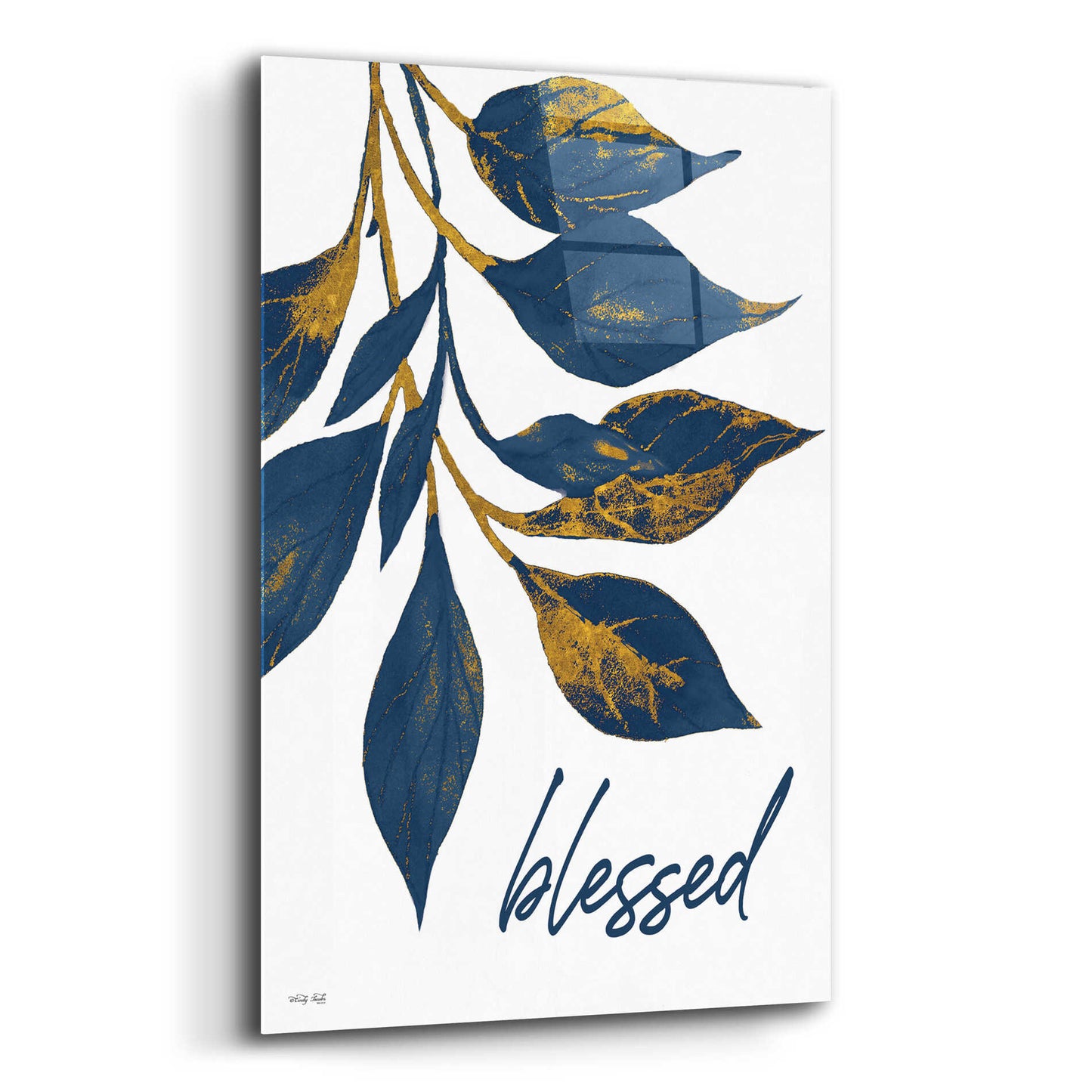 Epic Art 'Blessed Navy Gold Leaves' by Cindy Jacobs, Acrylic Glass Wall Art,12x16