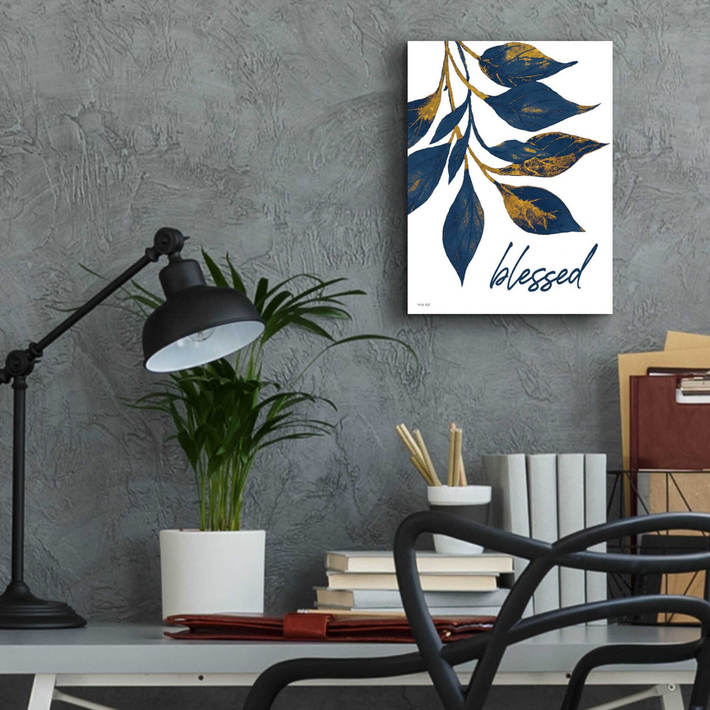 Epic Art 'Blessed Navy Gold Leaves' by Cindy Jacobs, Acrylic Glass Wall Art,12x16