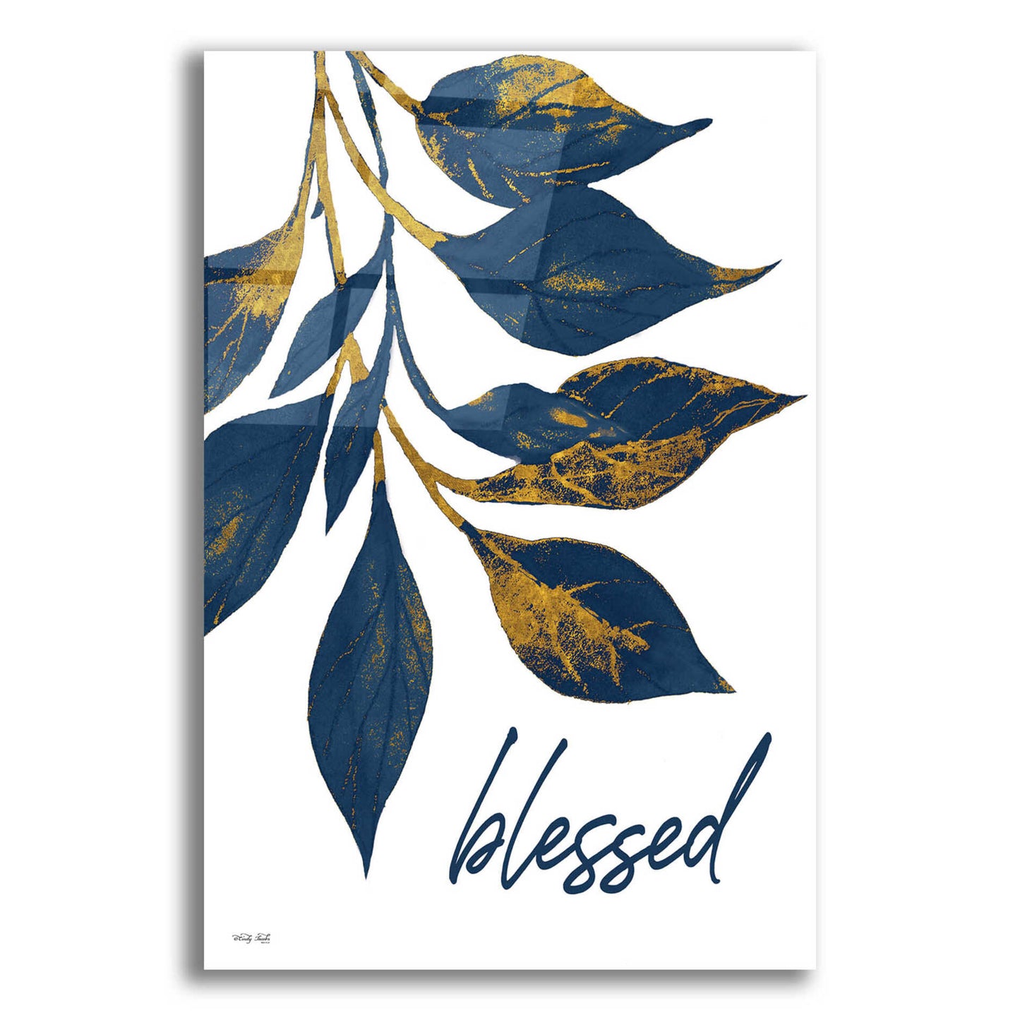 Epic Art 'Blessed Navy Gold Leaves' by Cindy Jacobs, Acrylic Glass Wall Art,12x16