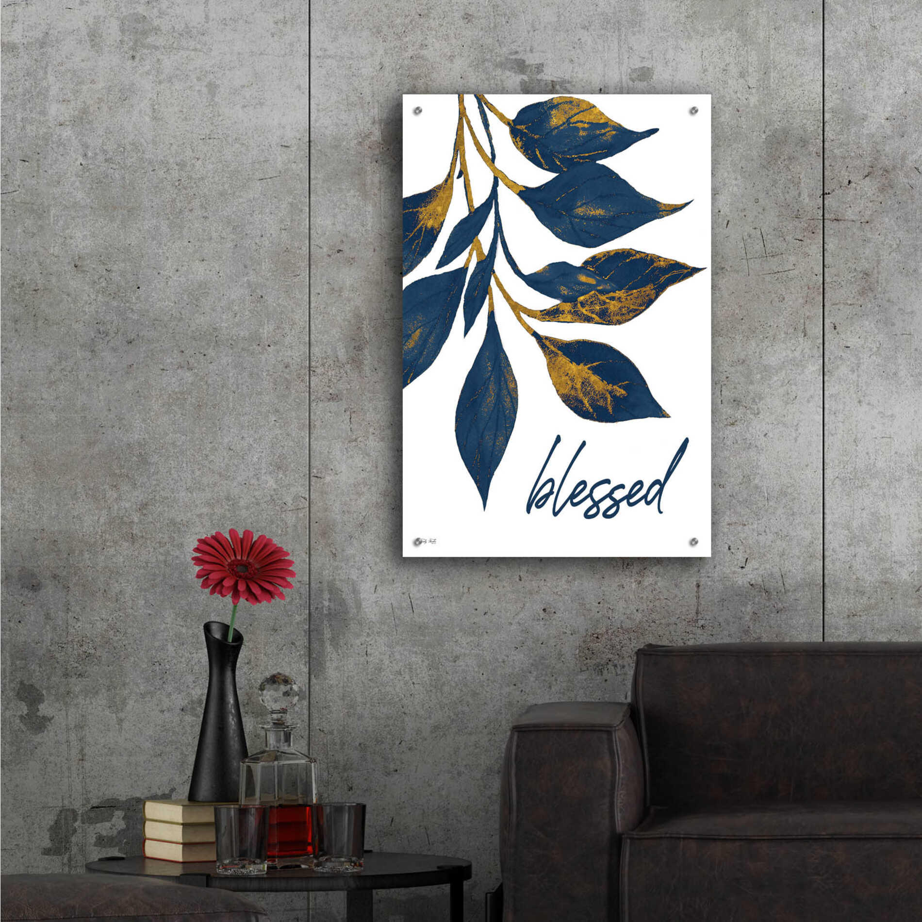 Epic Art 'Blessed Navy Gold Leaves' by Cindy Jacobs, Acrylic Glass Wall Art,24x36