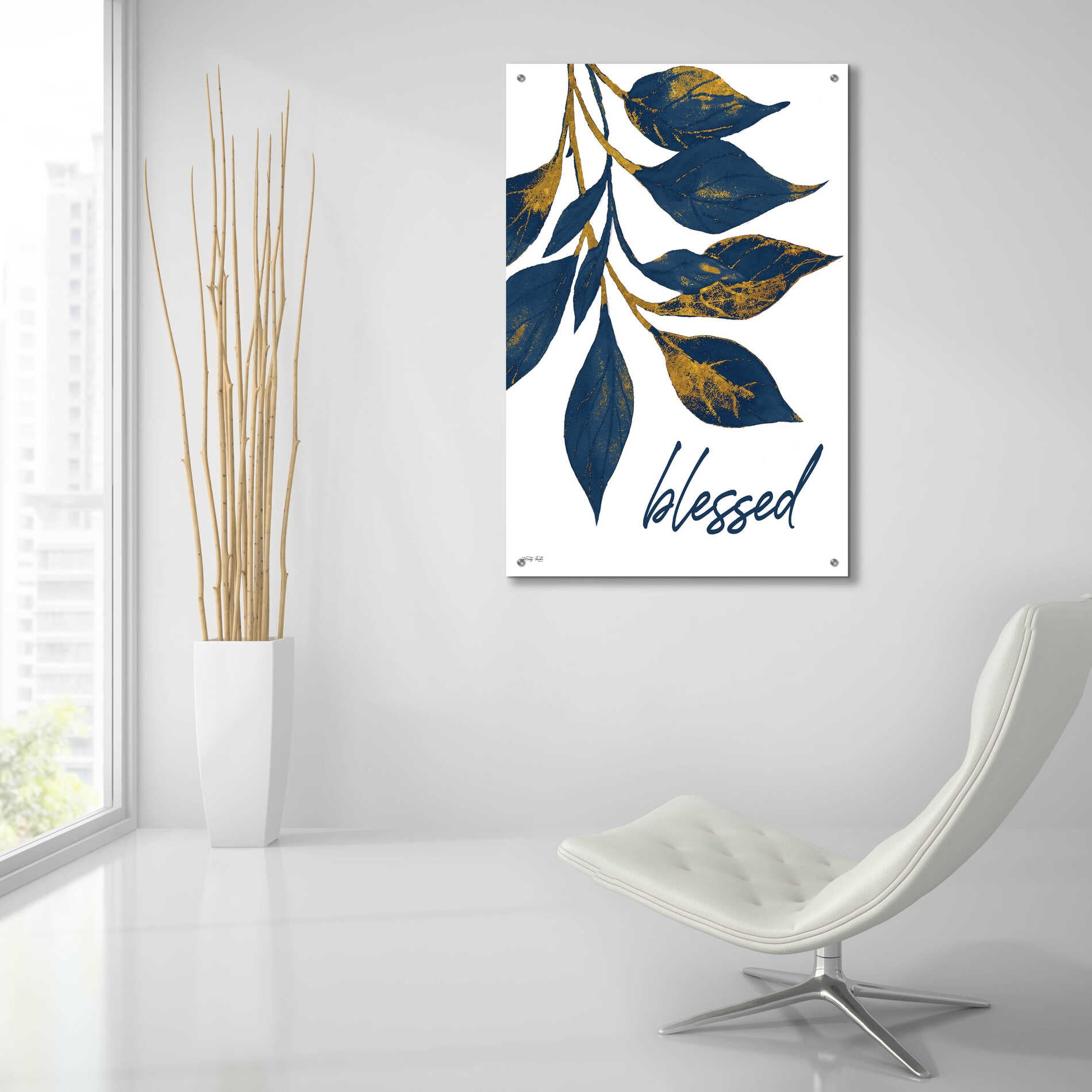 Epic Art 'Blessed Navy Gold Leaves' by Cindy Jacobs, Acrylic Glass Wall Art,24x36