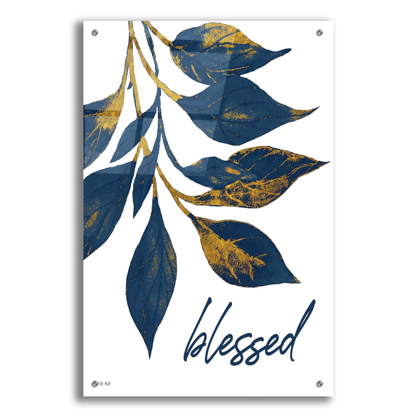 Epic Art 'Blessed Navy Gold Leaves' by Cindy Jacobs, Acrylic Glass Wall Art,24x36