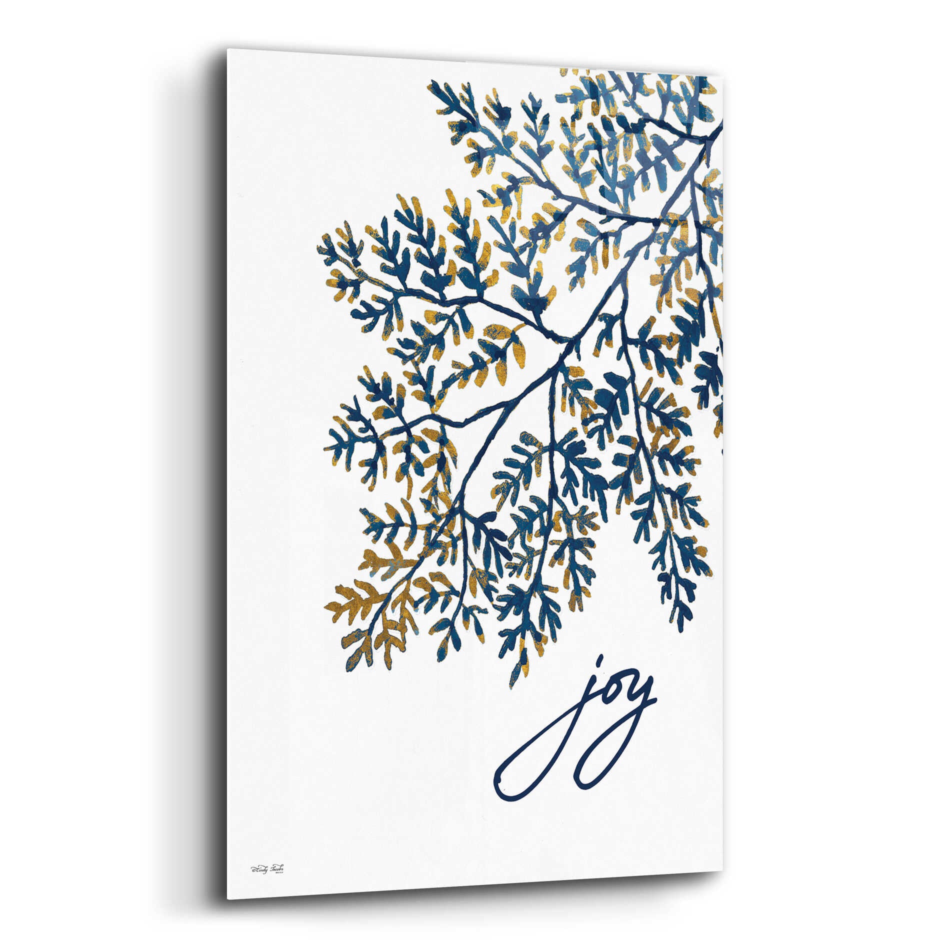 Epic Art 'Joy Navy Gold Leaves' by Cindy Jacobs, Acrylic Glass Wall Art,12x16