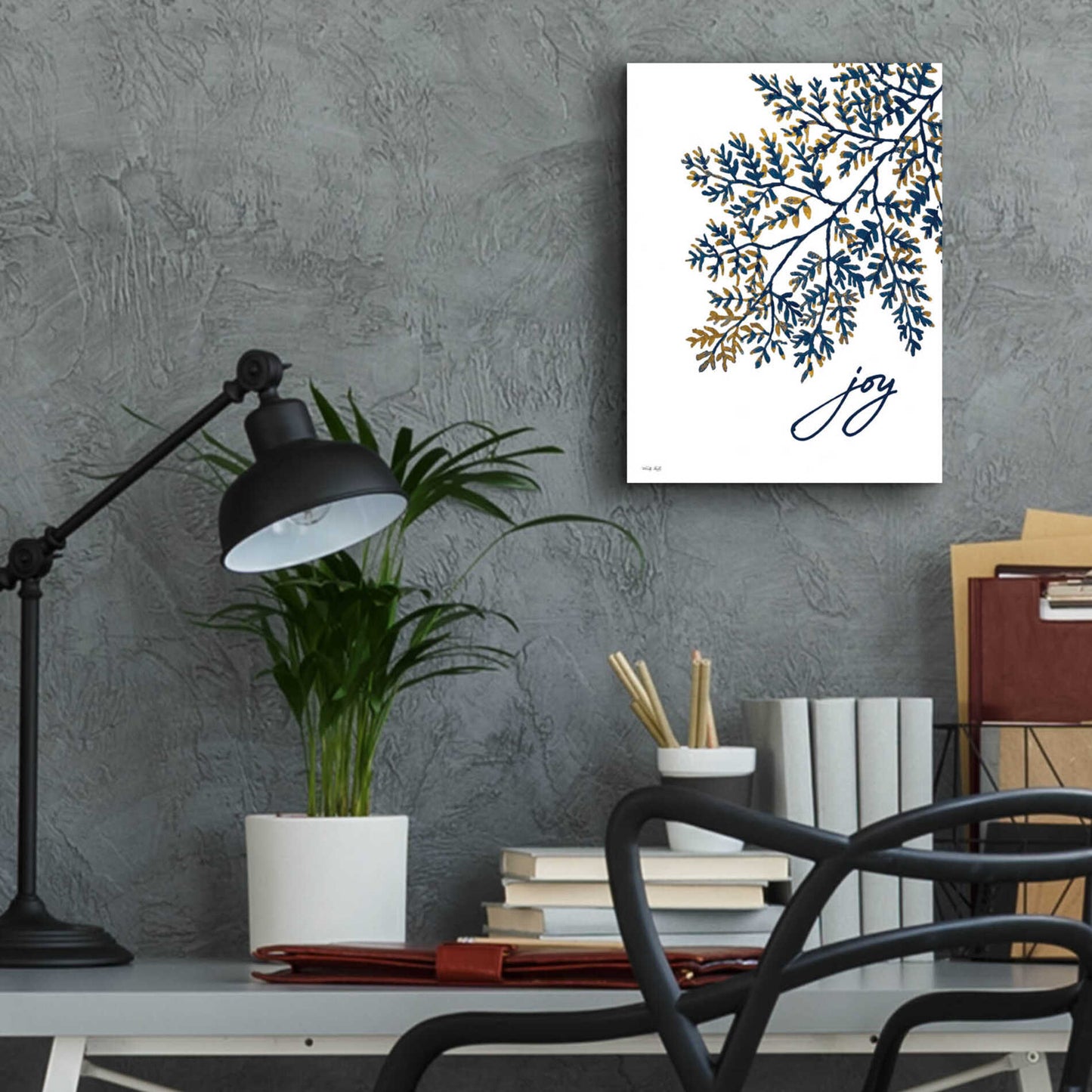 Epic Art 'Joy Navy Gold Leaves' by Cindy Jacobs, Acrylic Glass Wall Art,12x16