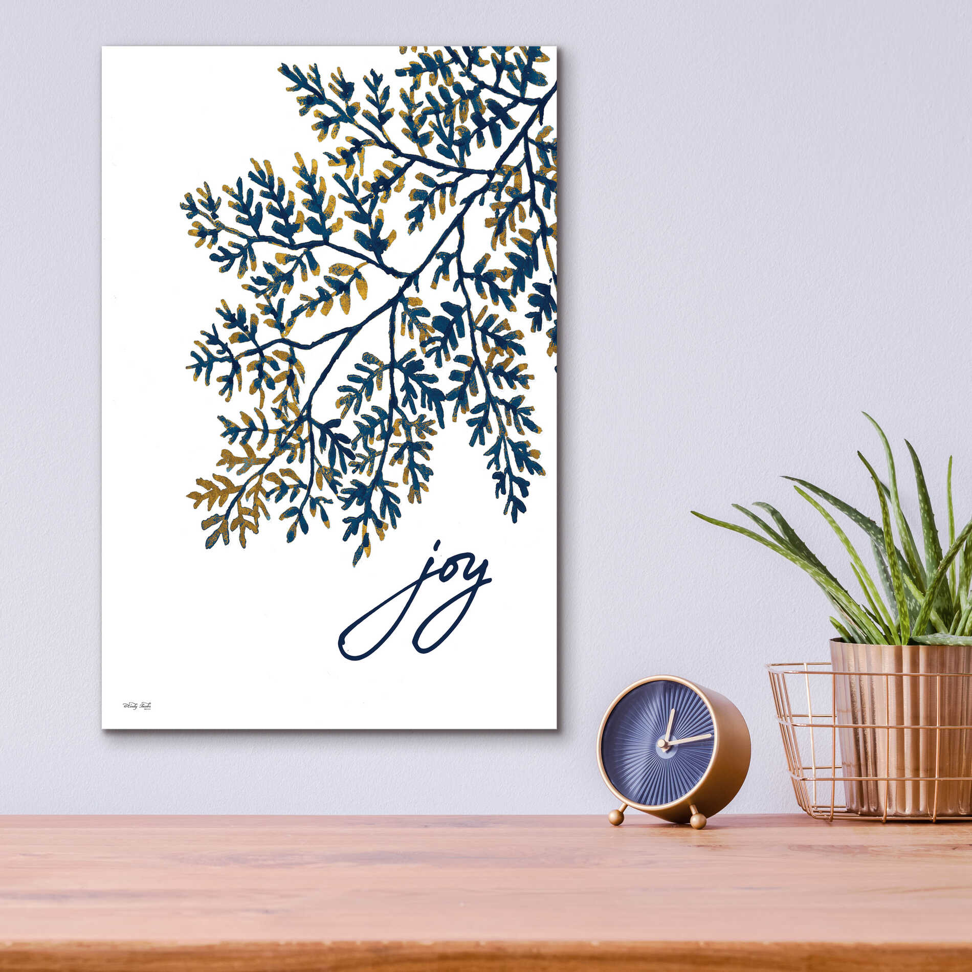 Epic Art 'Joy Navy Gold Leaves' by Cindy Jacobs, Acrylic Glass Wall Art,12x16