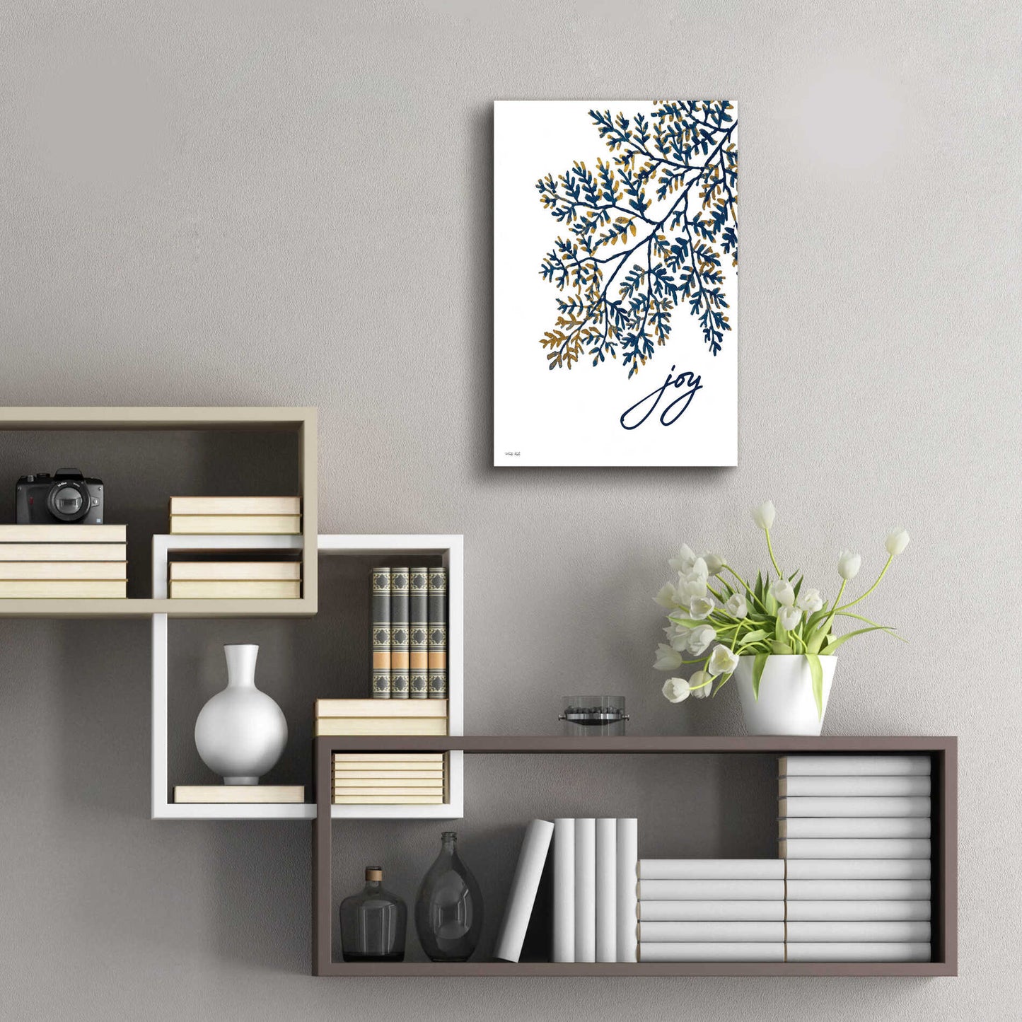 Epic Art 'Joy Navy Gold Leaves' by Cindy Jacobs, Acrylic Glass Wall Art,16x24