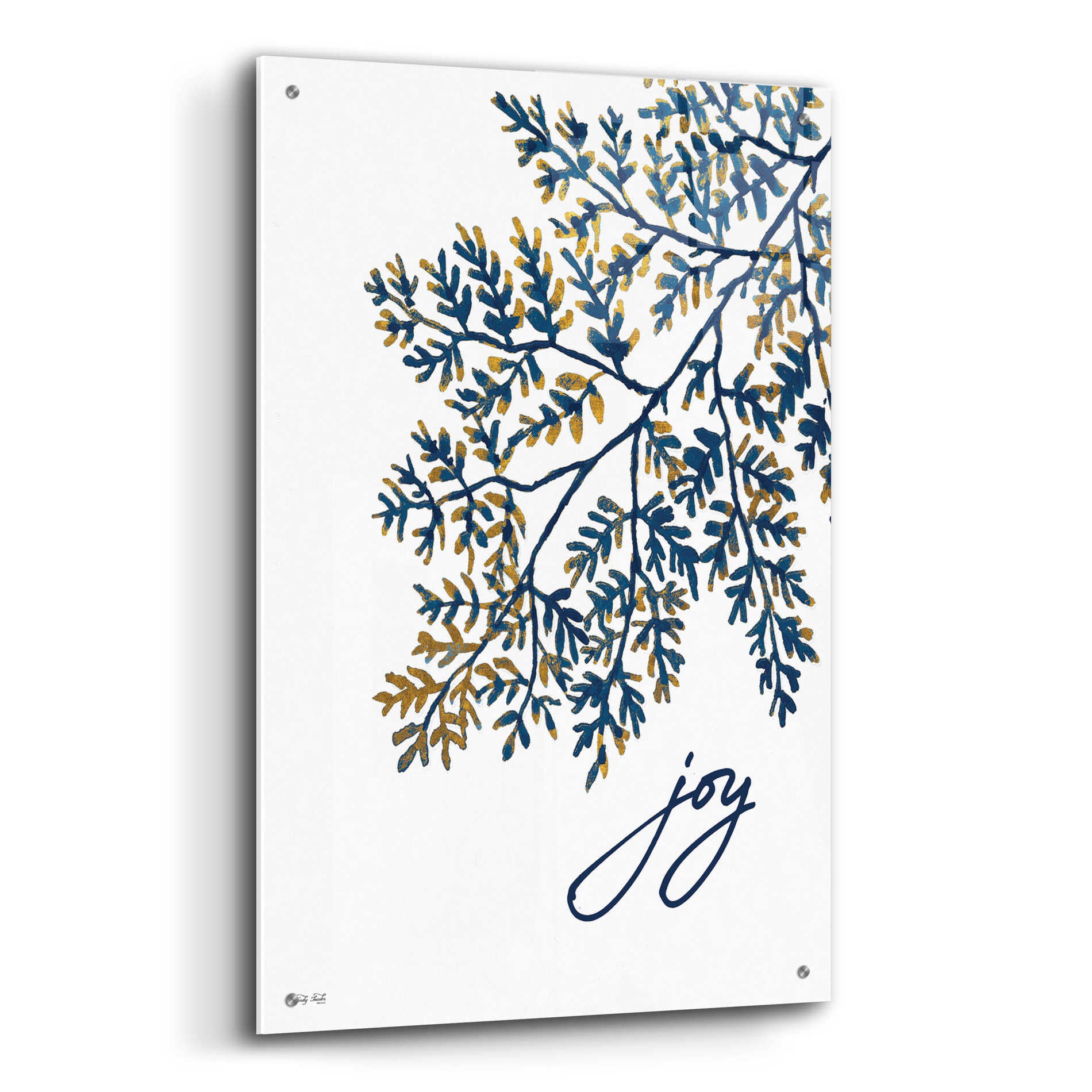 Epic Art 'Joy Navy Gold Leaves' by Cindy Jacobs, Acrylic Glass Wall Art,24x36