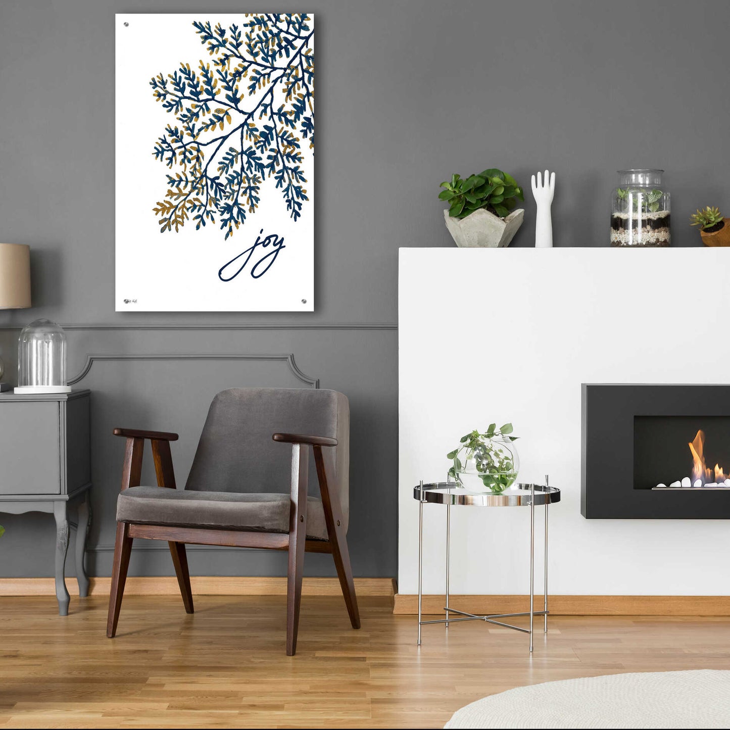 Epic Art 'Joy Navy Gold Leaves' by Cindy Jacobs, Acrylic Glass Wall Art,24x36