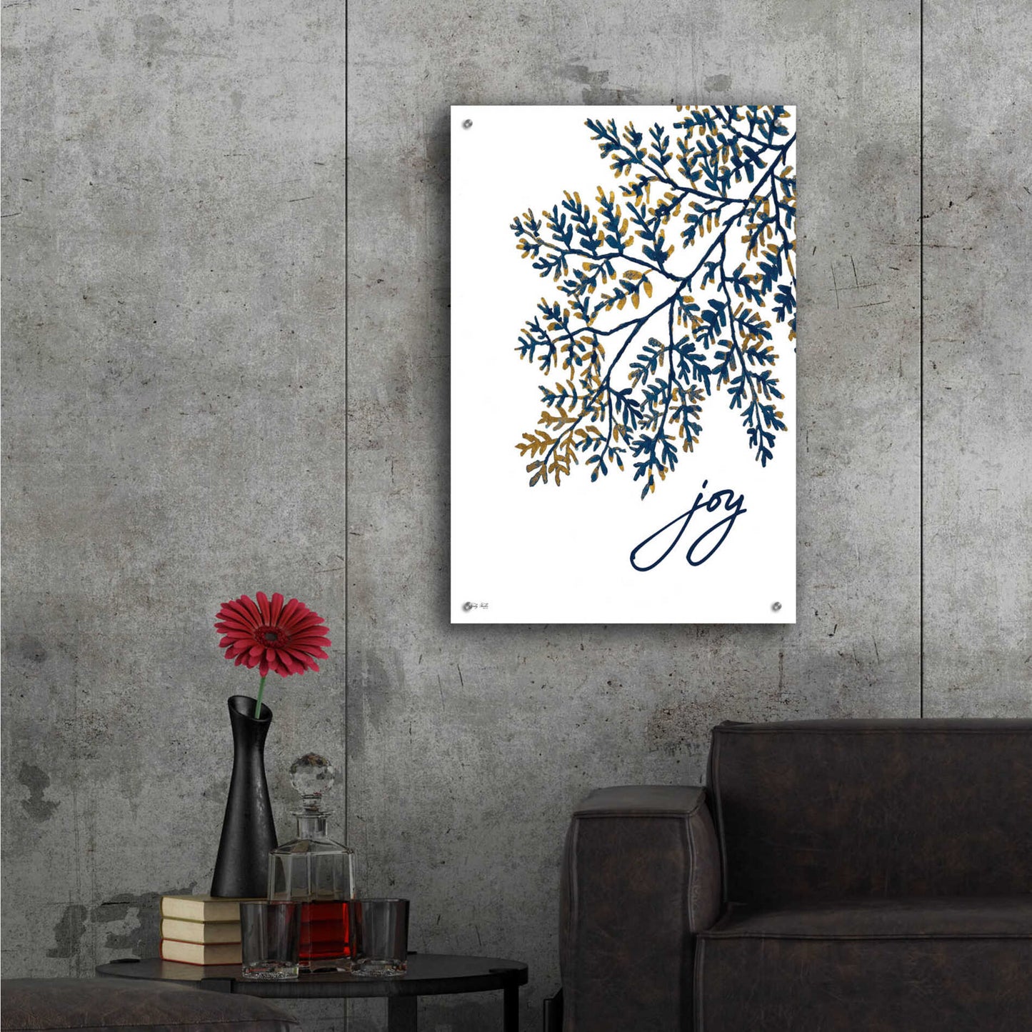 Epic Art 'Joy Navy Gold Leaves' by Cindy Jacobs, Acrylic Glass Wall Art,24x36