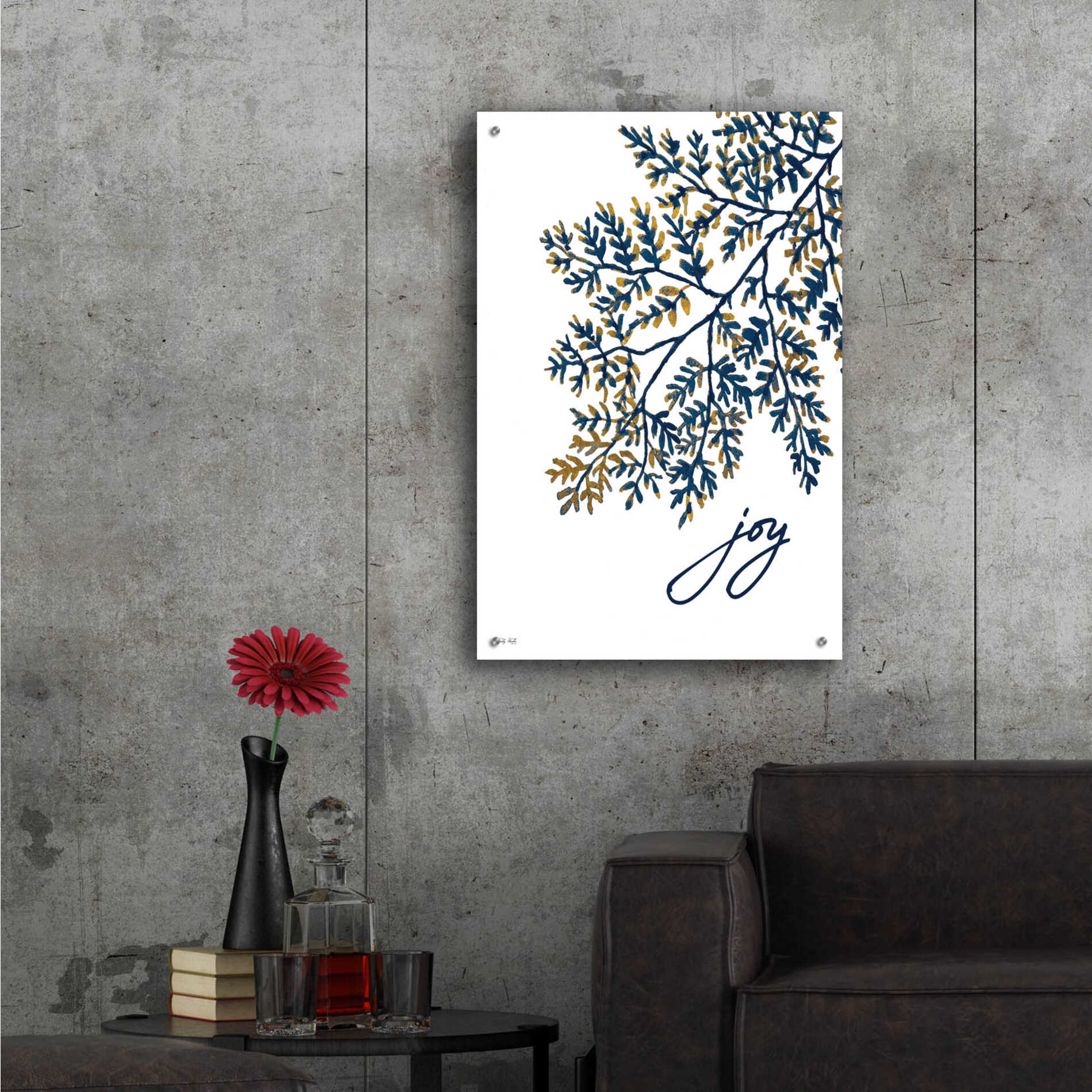 Epic Art 'Joy Navy Gold Leaves' by Cindy Jacobs, Acrylic Glass Wall Art,24x36