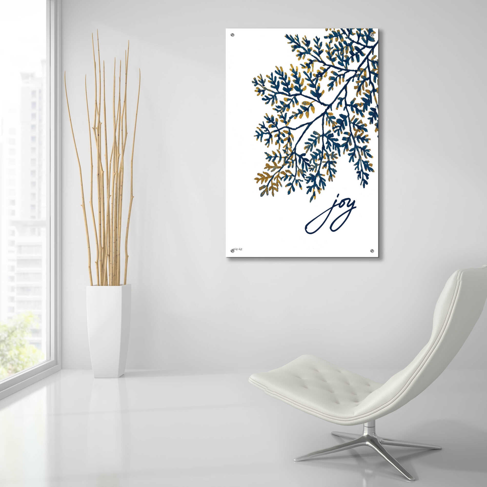 Epic Art 'Joy Navy Gold Leaves' by Cindy Jacobs, Acrylic Glass Wall Art,24x36