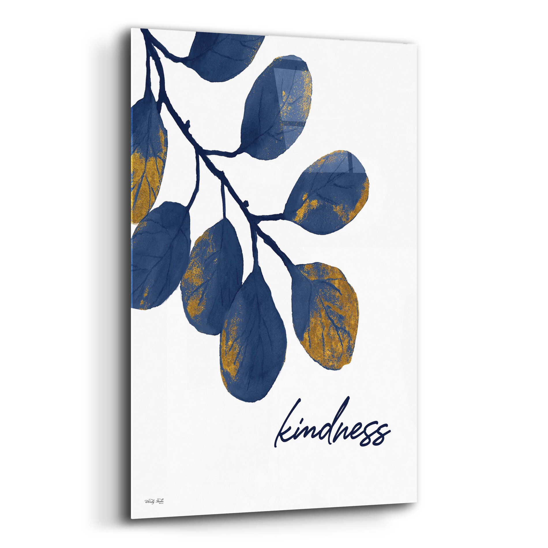 Epic Art 'Kindness Navy Gold Leaves' by Cindy Jacobs, Acrylic Glass Wall Art,12x16