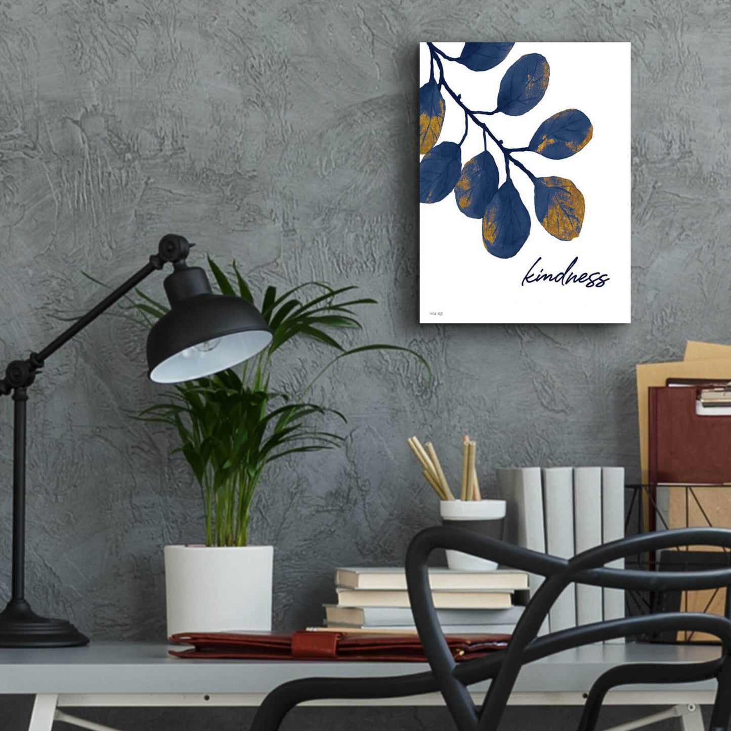 Epic Art 'Kindness Navy Gold Leaves' by Cindy Jacobs, Acrylic Glass Wall Art,12x16