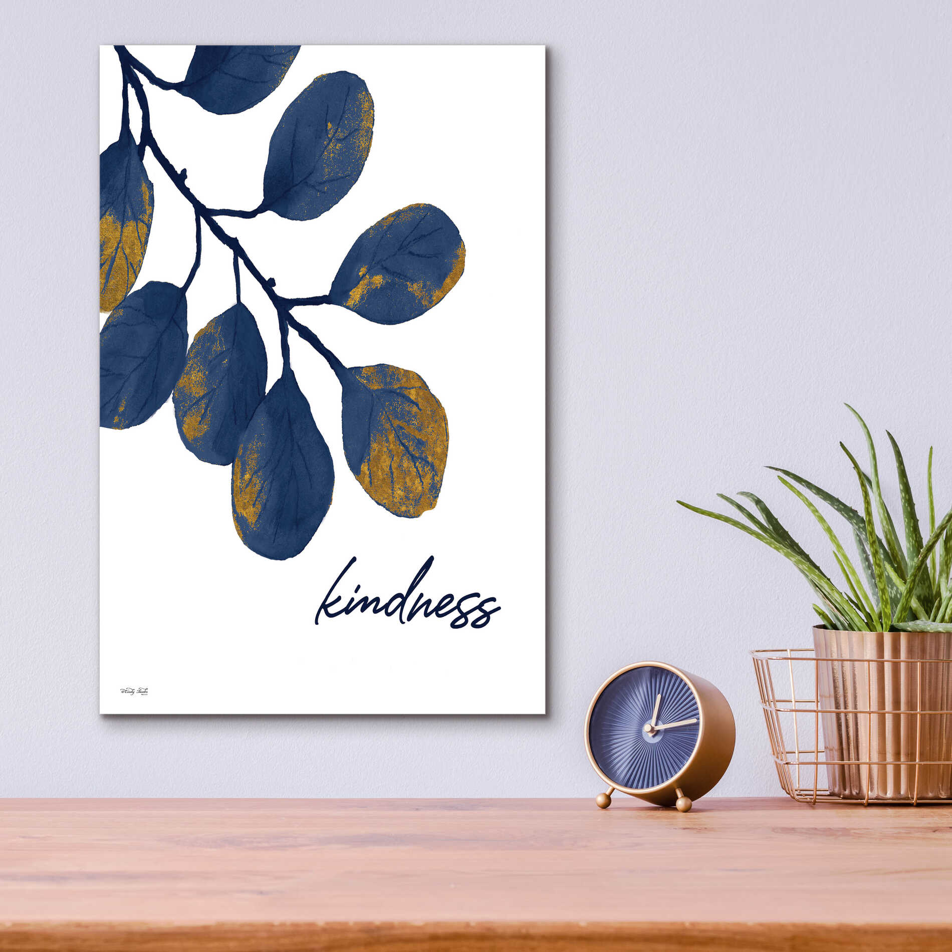 Epic Art 'Kindness Navy Gold Leaves' by Cindy Jacobs, Acrylic Glass Wall Art,12x16