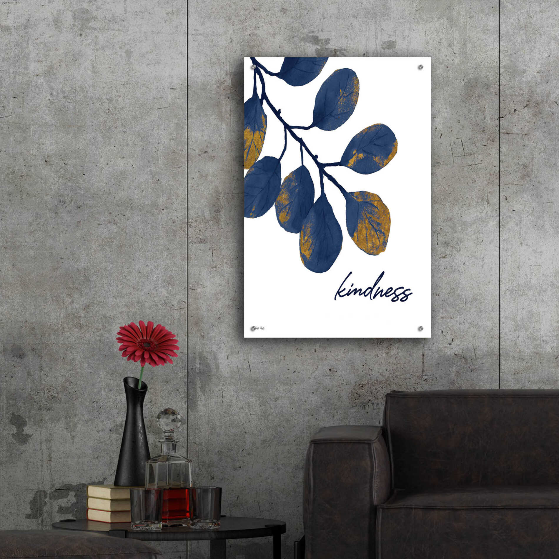 Epic Art 'Kindness Navy Gold Leaves' by Cindy Jacobs, Acrylic Glass Wall Art,24x36