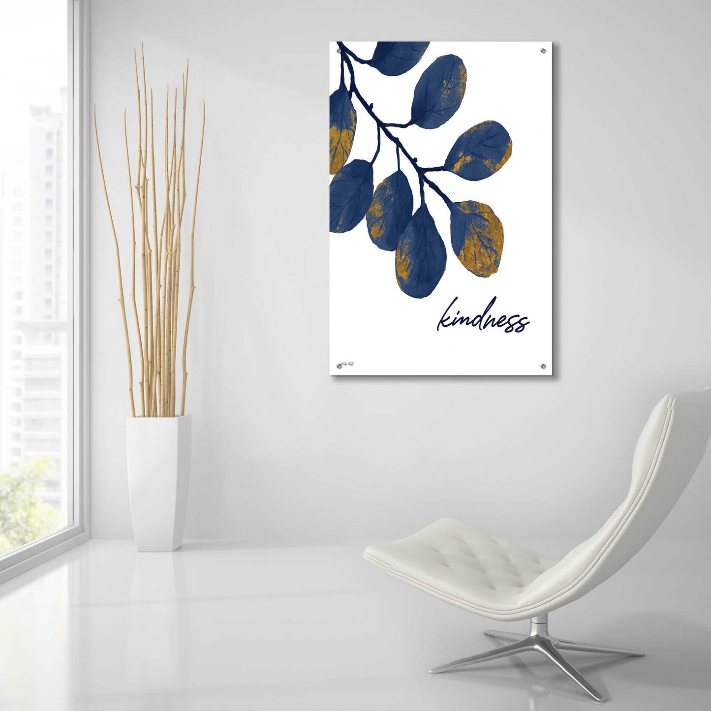 Epic Art 'Kindness Navy Gold Leaves' by Cindy Jacobs, Acrylic Glass Wall Art,24x36