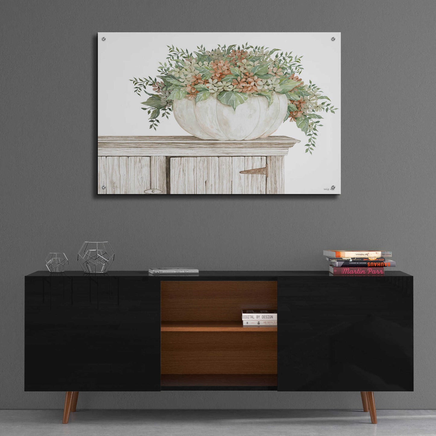 Epic Art 'Fall Floral Pumpkin White' by Cindy Jacobs, Acrylic Glass Wall Art,36x24