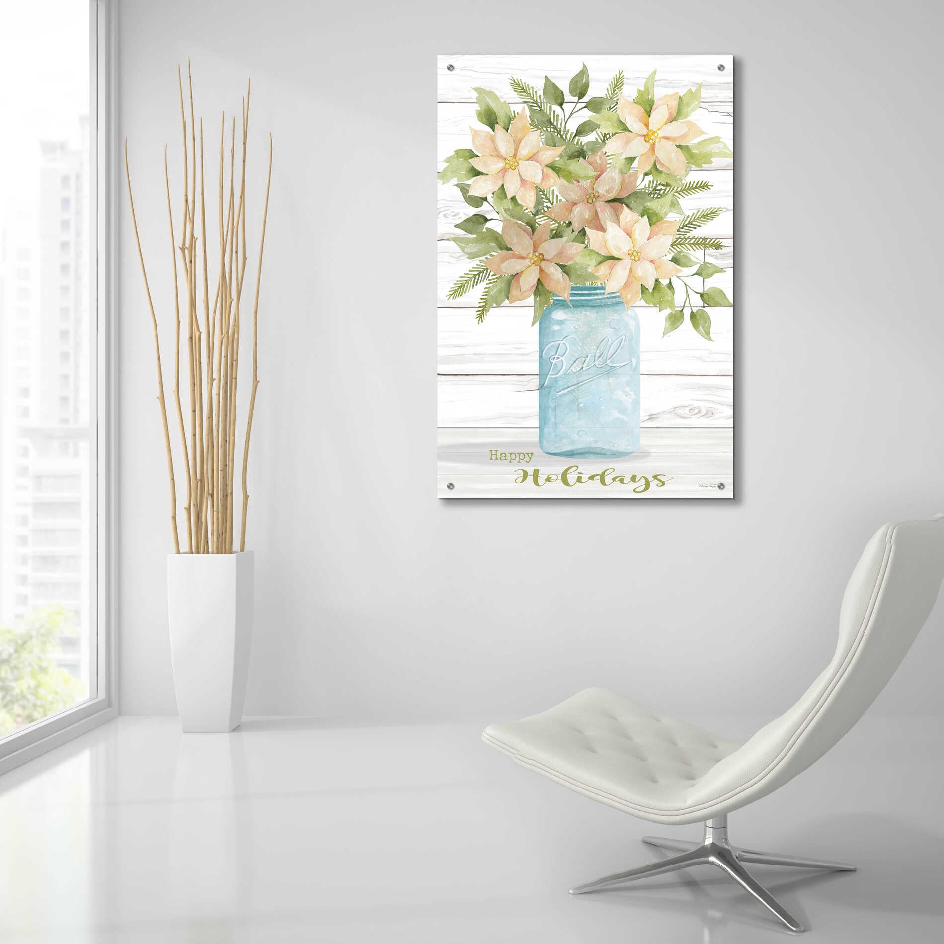 Epic Art 'Happy Holidays White Poinsettias' by Cindy Jacobs, Acrylic Glass Wall Art,24x36