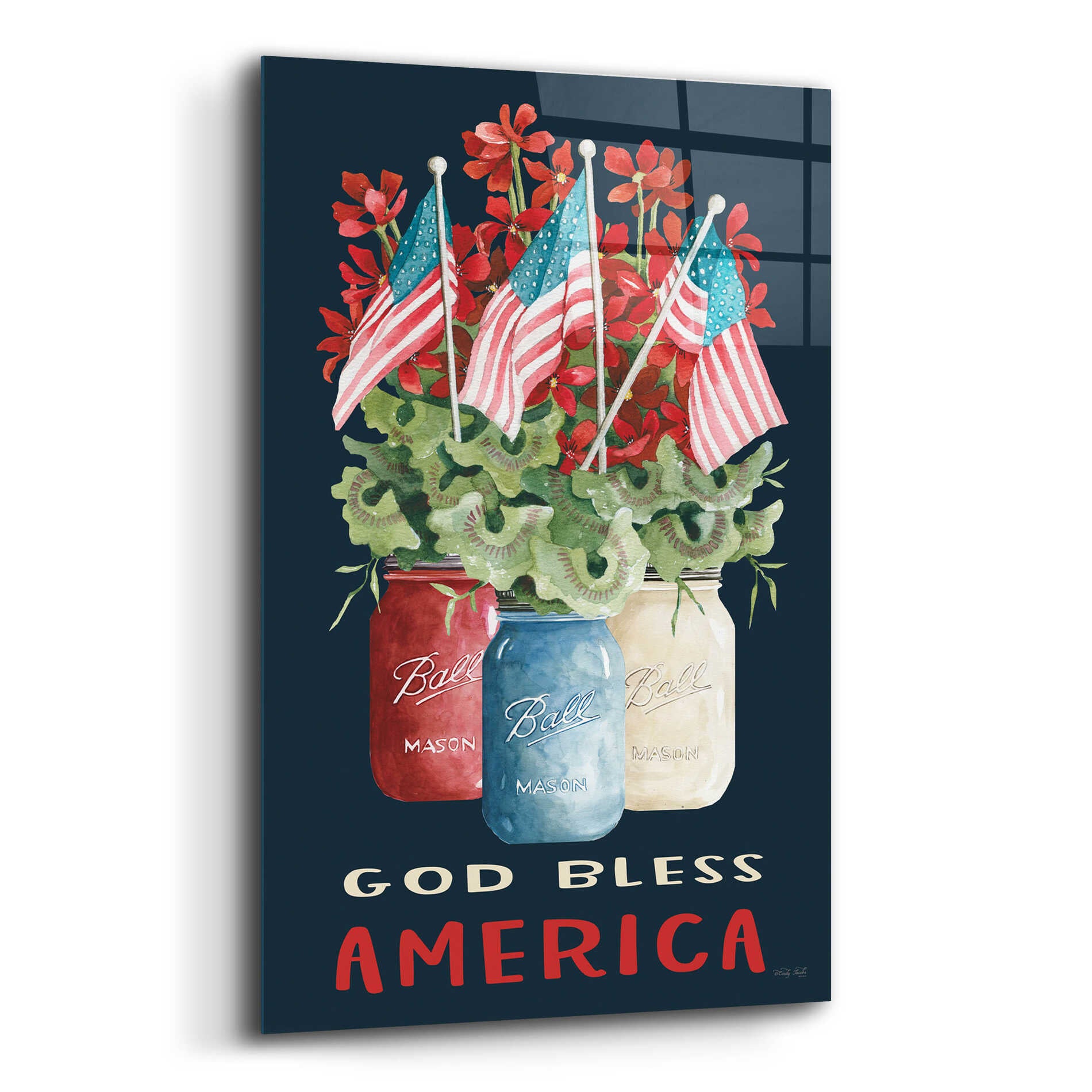 Epic Art 'God Bless America Floral' by Cindy Jacobs, Acrylic Glass Wall Art,12x16