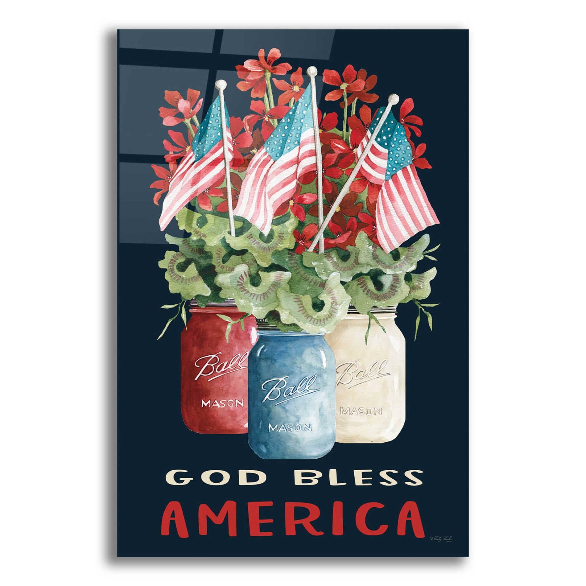 Epic Art 'God Bless America Floral' by Cindy Jacobs, Acrylic Glass Wall Art,12x16