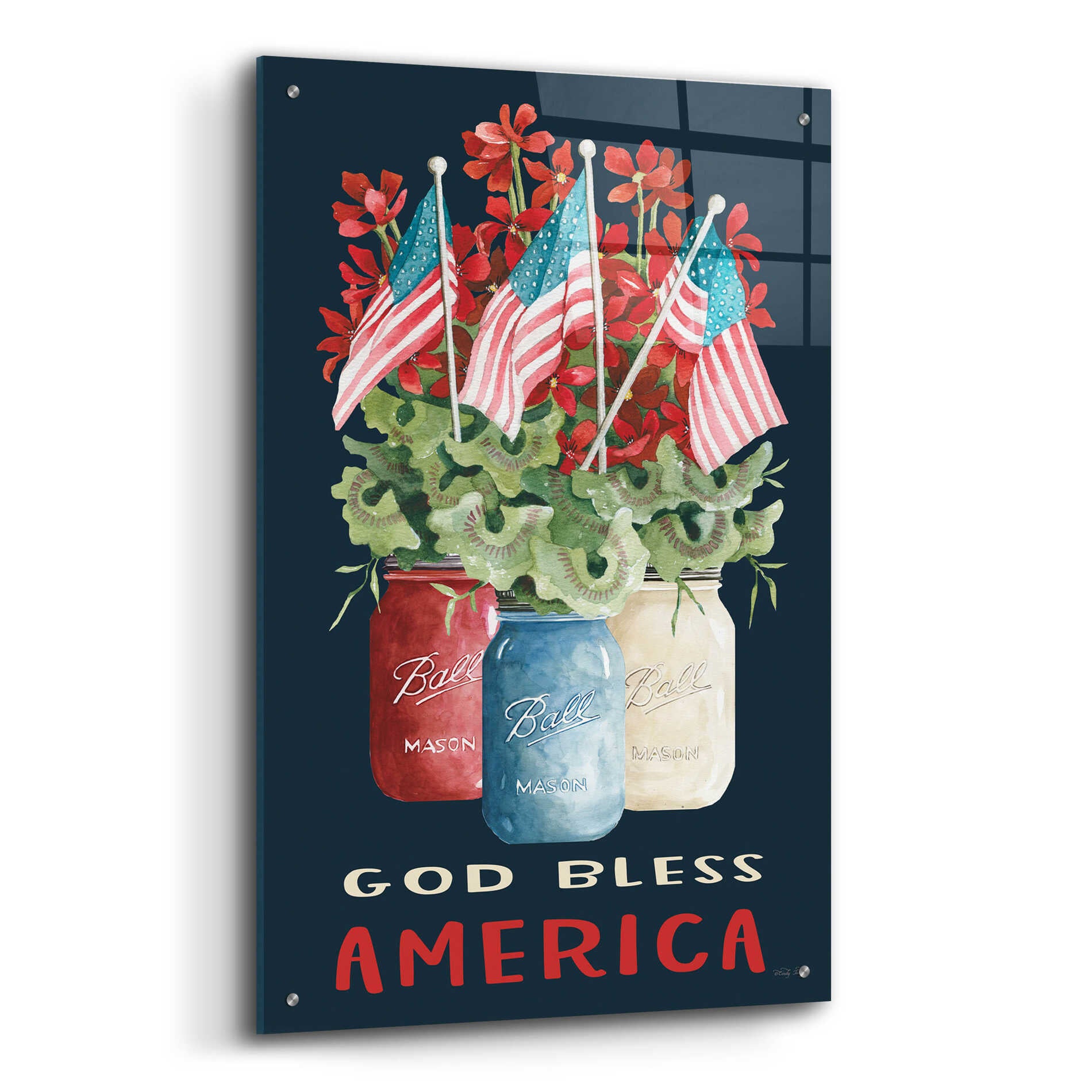 Epic Art 'God Bless America Floral' by Cindy Jacobs, Acrylic Glass Wall Art,24x36