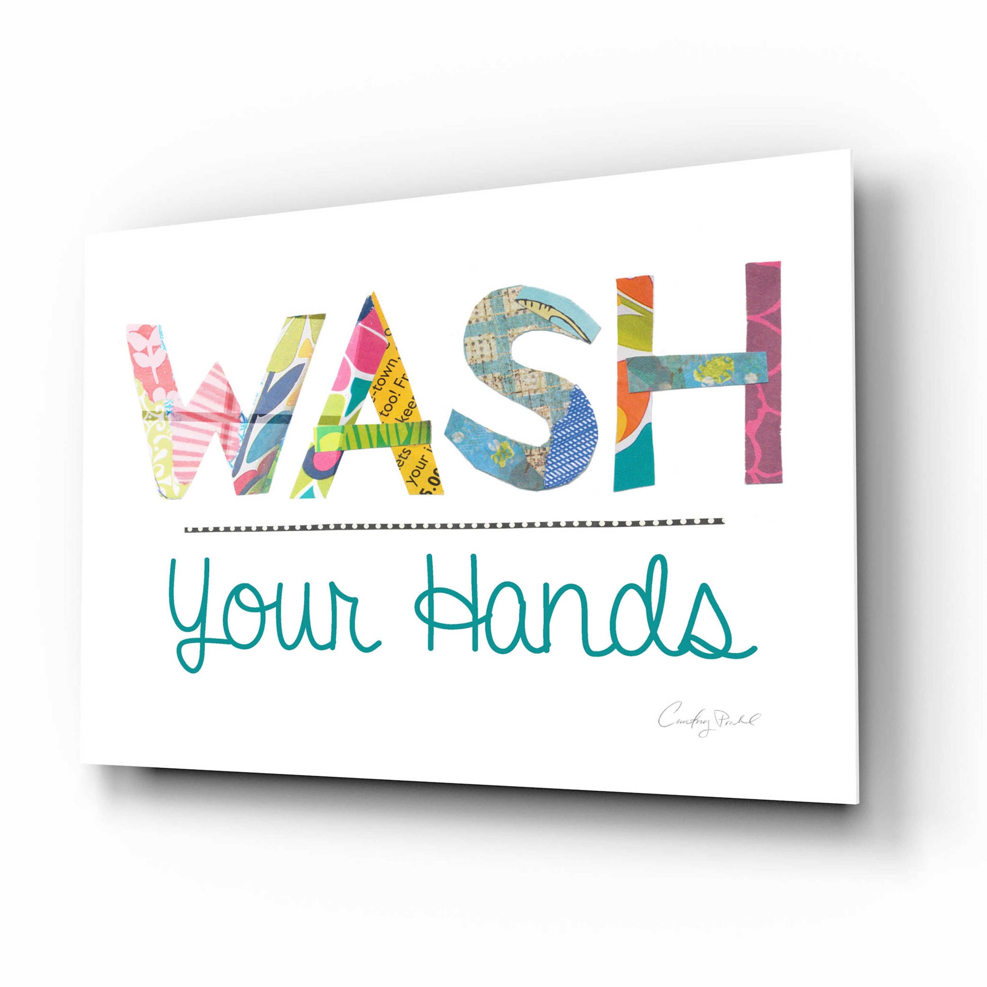 Epic Art 'Wash Your Hands Blue Words' by Courtney Prahl, Acrylic Glass Wall Art,16x12