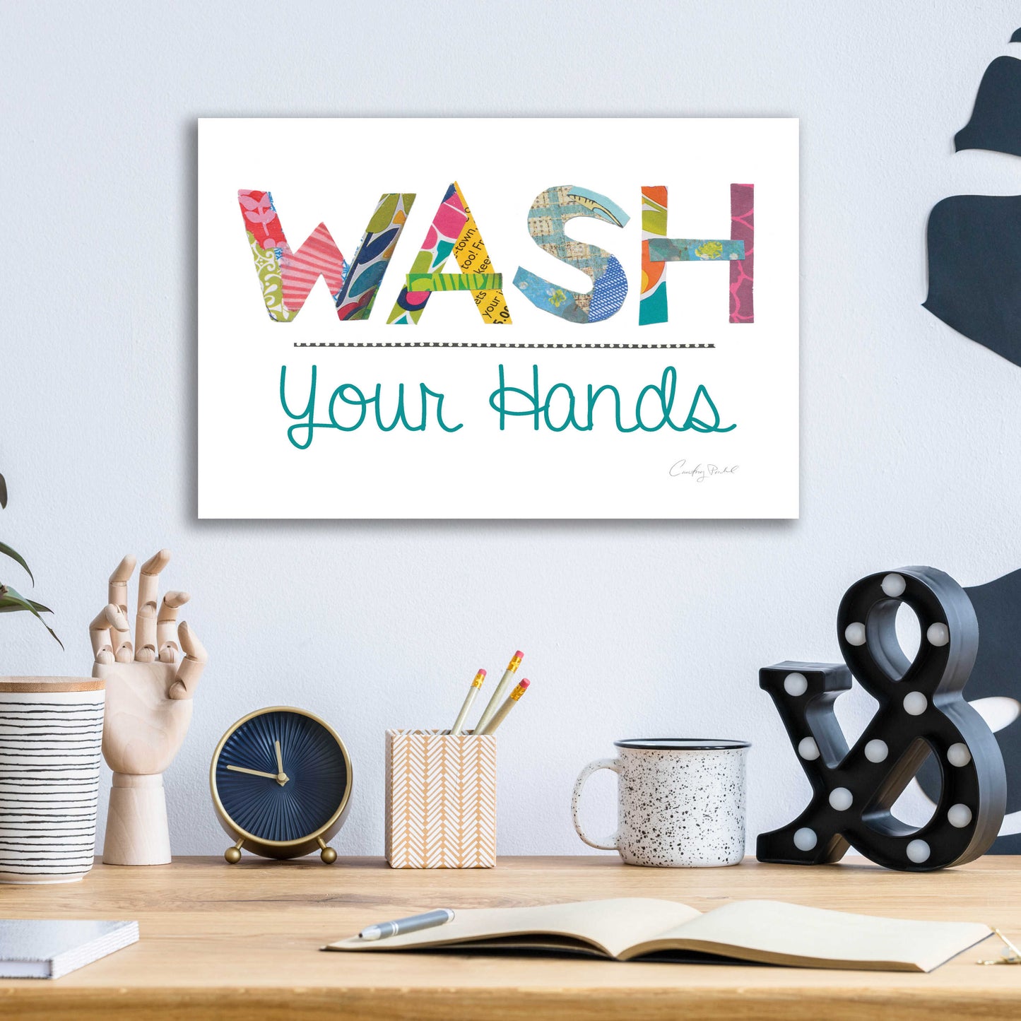 Epic Art 'Wash Your Hands Blue Words' by Courtney Prahl, Acrylic Glass Wall Art,16x12