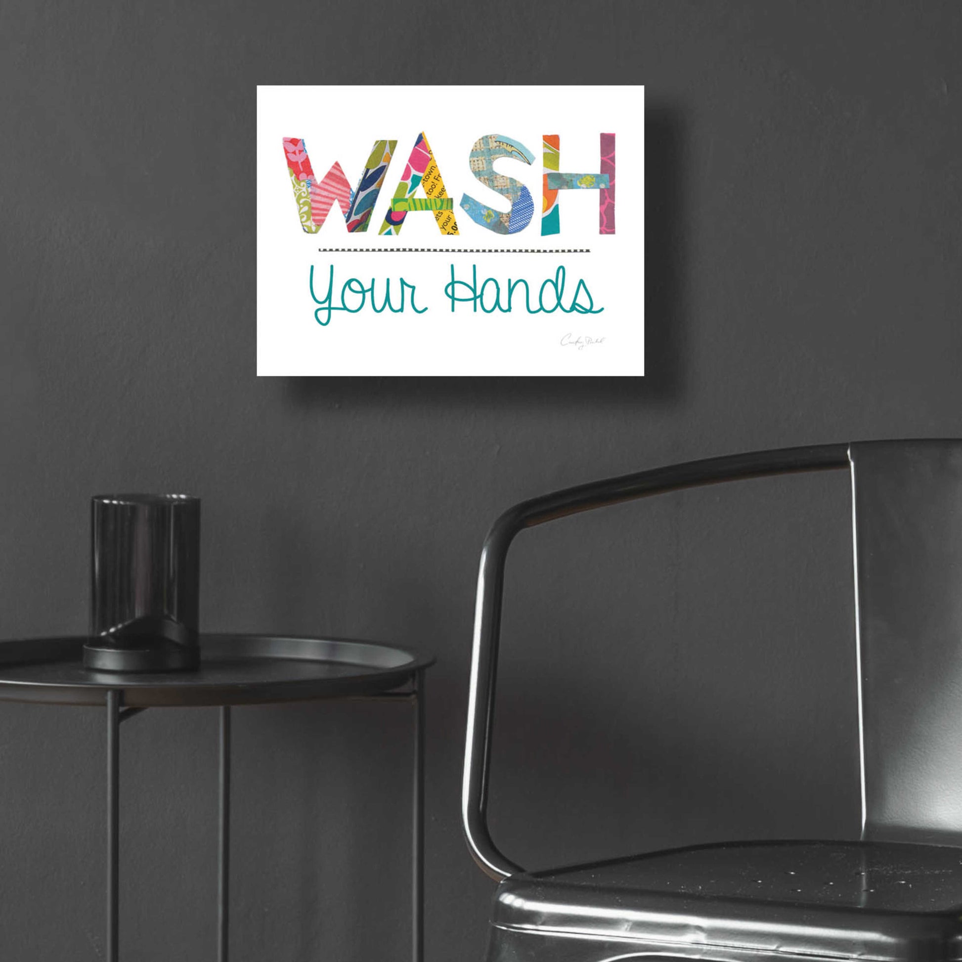 Epic Art 'Wash Your Hands Blue Words' by Courtney Prahl, Acrylic Glass Wall Art,16x12