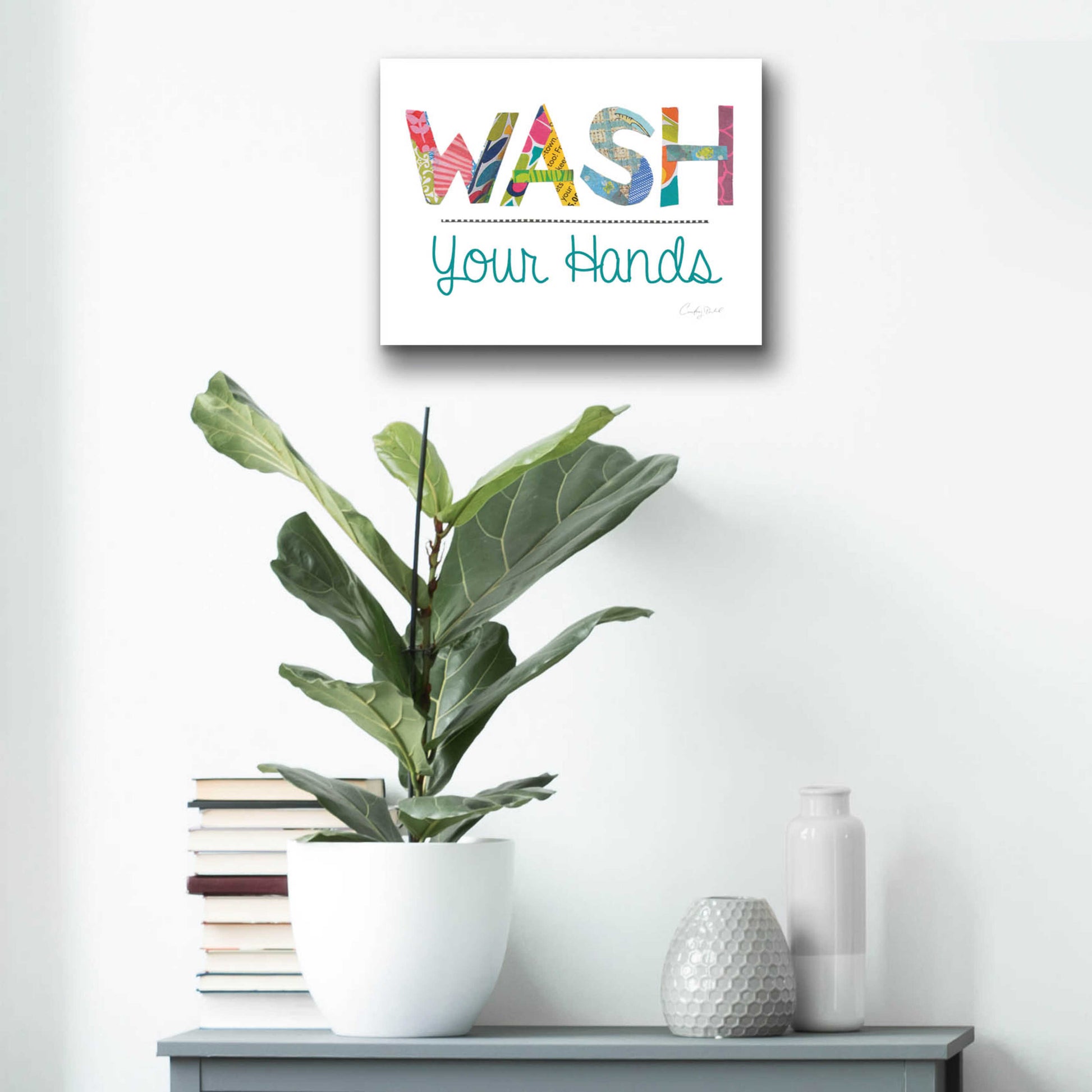 Epic Art 'Wash Your Hands Blue Words' by Courtney Prahl, Acrylic Glass Wall Art,16x12