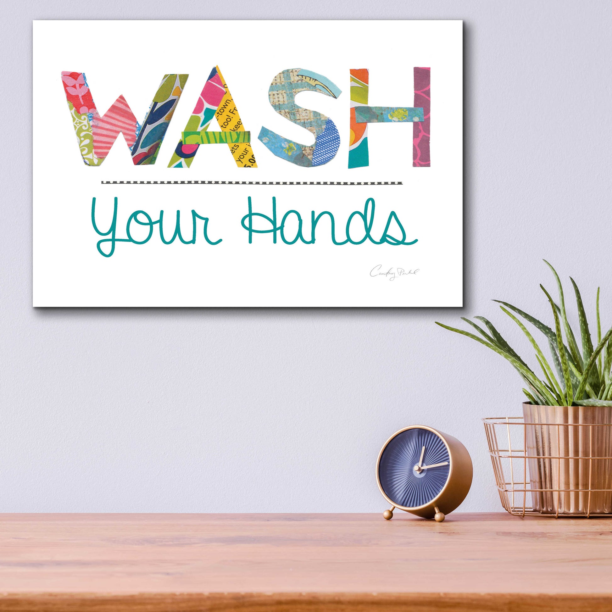 Epic Art 'Wash Your Hands Blue Words' by Courtney Prahl, Acrylic Glass Wall Art,16x12