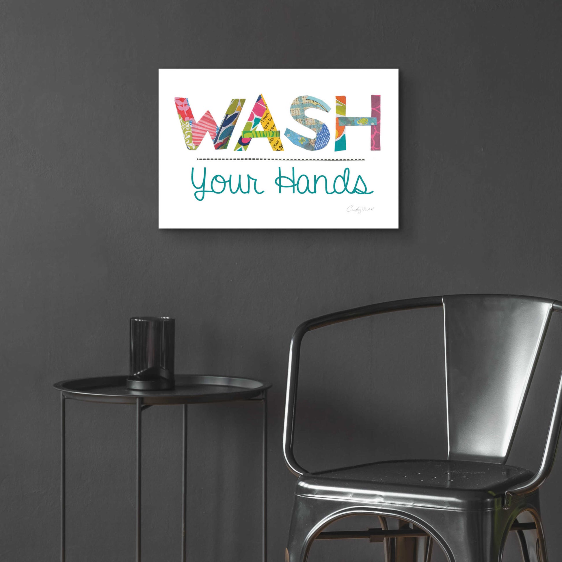 Epic Art 'Wash Your Hands Blue Words' by Courtney Prahl, Acrylic Glass Wall Art,24x16