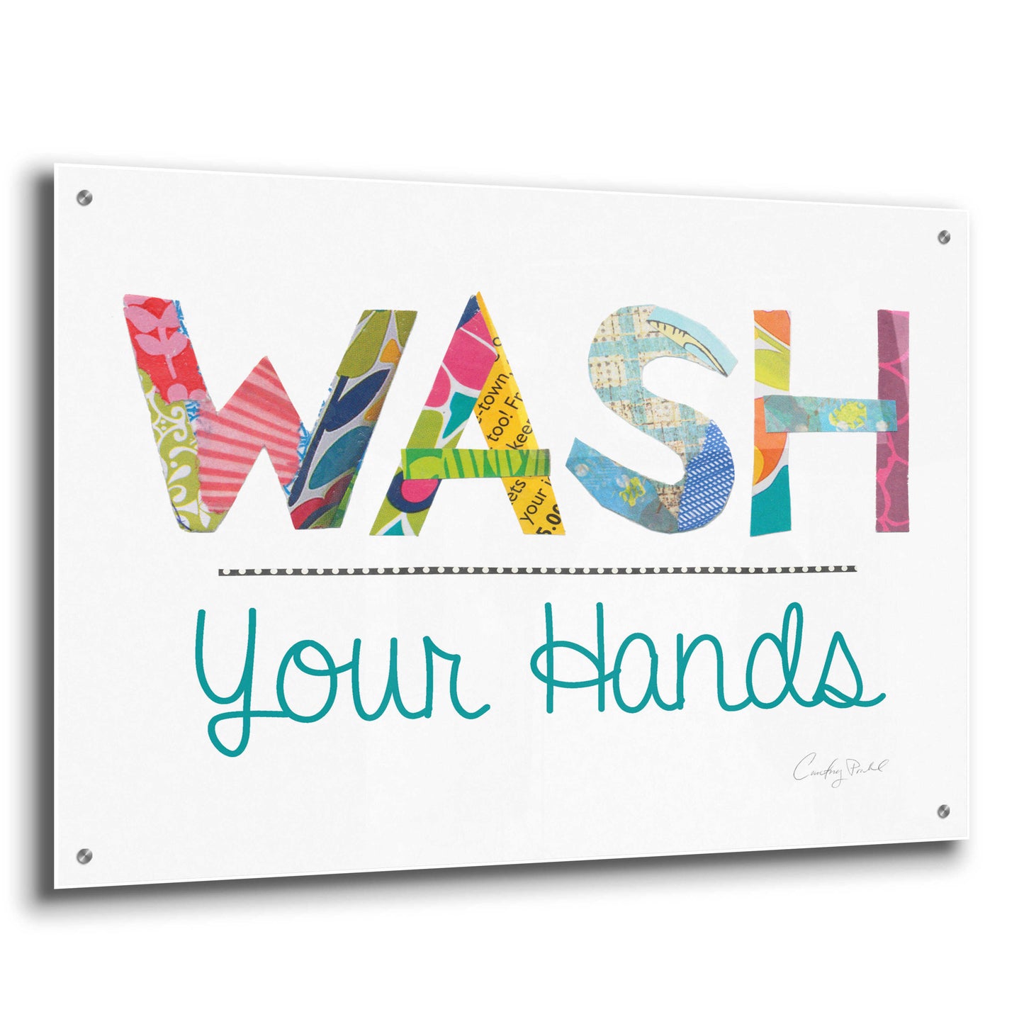 Epic Art 'Wash Your Hands Blue Words' by Courtney Prahl, Acrylic Glass Wall Art,36x24