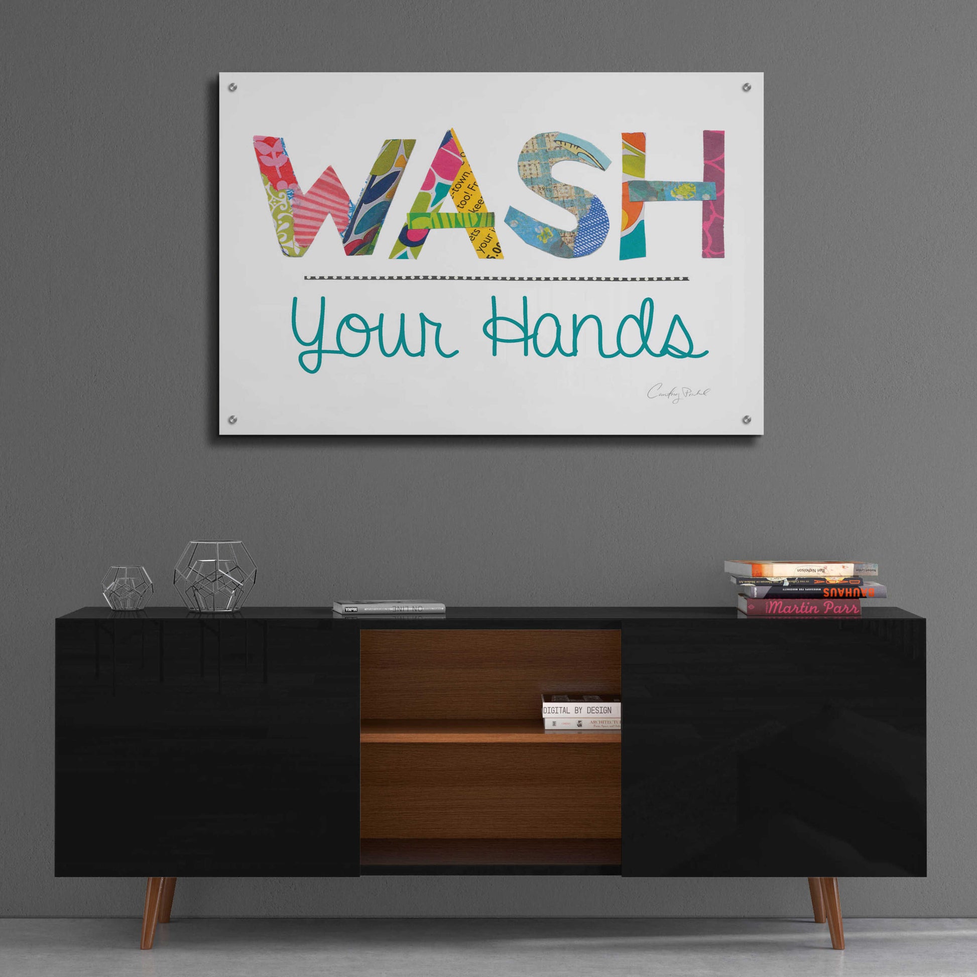 Epic Art 'Wash Your Hands Blue Words' by Courtney Prahl, Acrylic Glass Wall Art,36x24