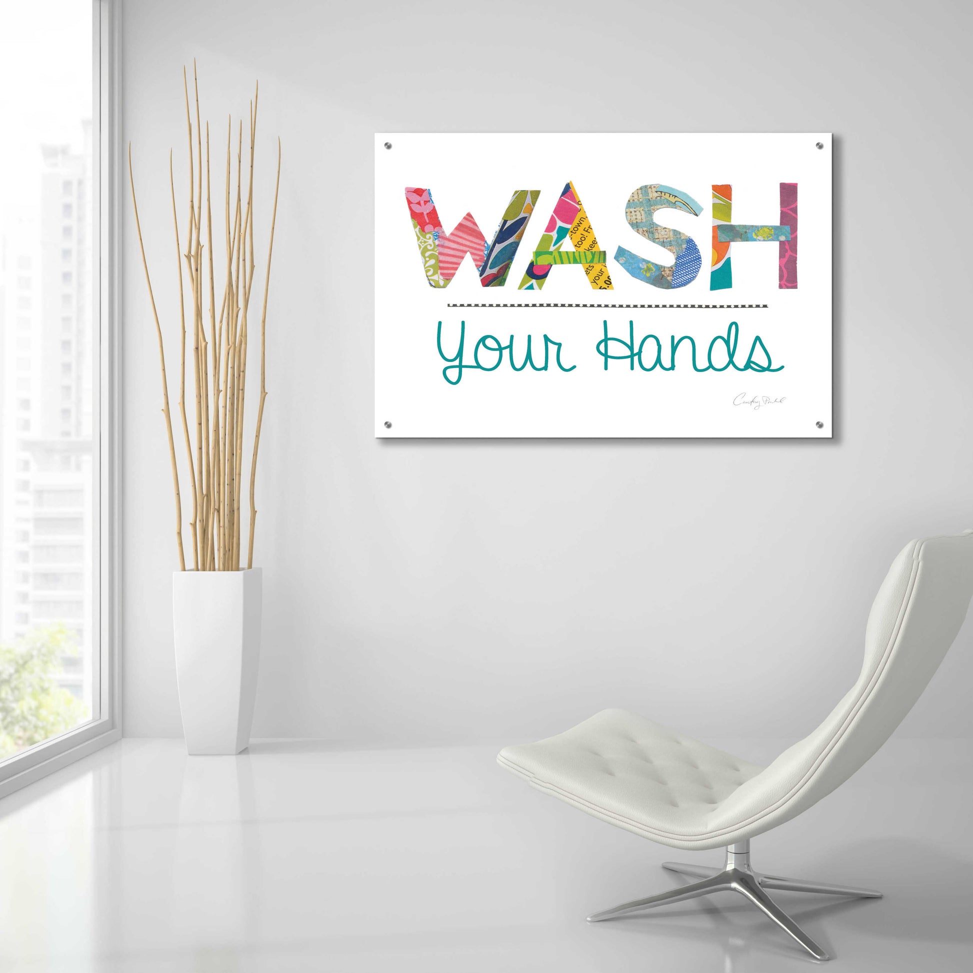 Epic Art 'Wash Your Hands Blue Words' by Courtney Prahl, Acrylic Glass Wall Art,36x24